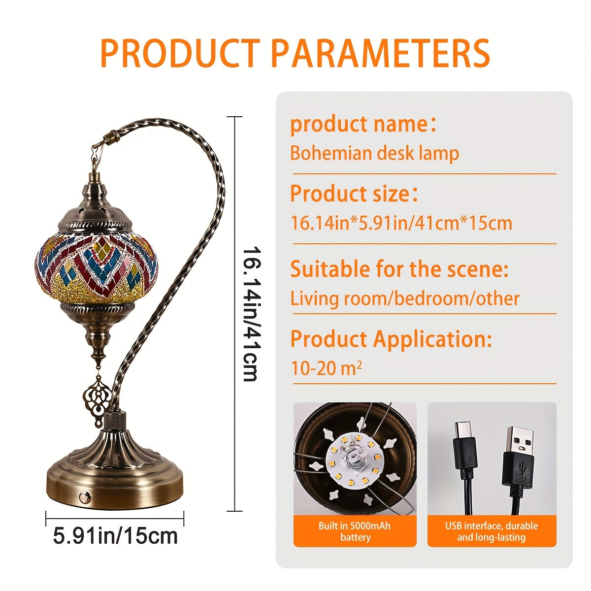 Portable Desk Lamp with a Rechargeable Feature, Inspired by Turkish And Moroccan Designs. This Bohemian Night Light Has a Swan-Neck Shape And Offers Three Color Settings. It Is Made of Mosaic Colored Glass And Comes with a 5000 Mah Battery