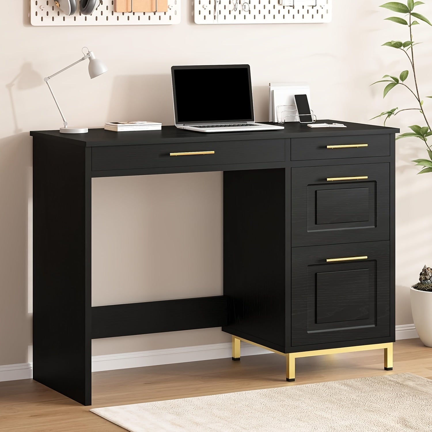 A Compact White Desk Featuring Drawers, Designed in White And Golden, Measuring 43 Inches, Suitable for Home Offices, Bedrooms, And Small Areas, Also Referred to As a Small White Writing Desk