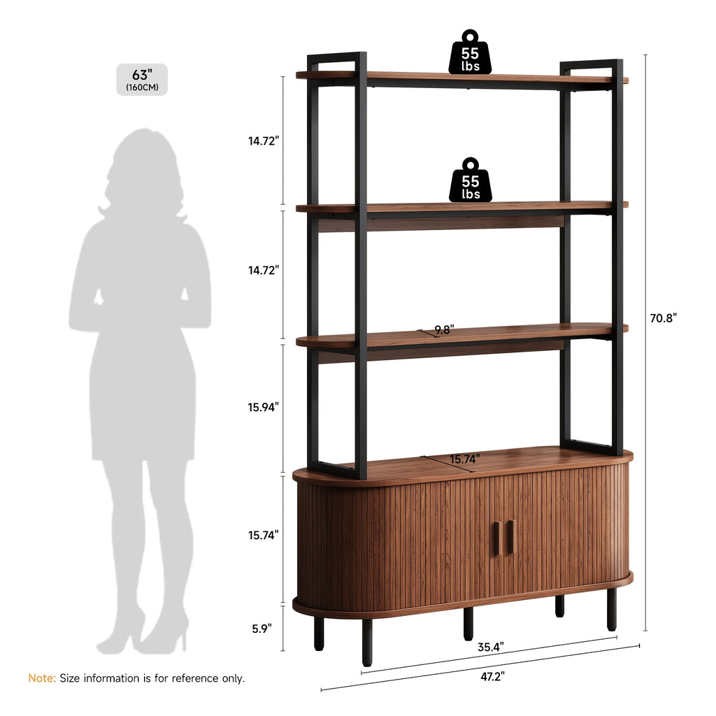 4-Tier Open Bookshelf 71 Inch High Floor Standing Display Bookcase Storage Rack With Storage Cabinets Living Room, Bedroom, Home Office Display Shelf Walnut