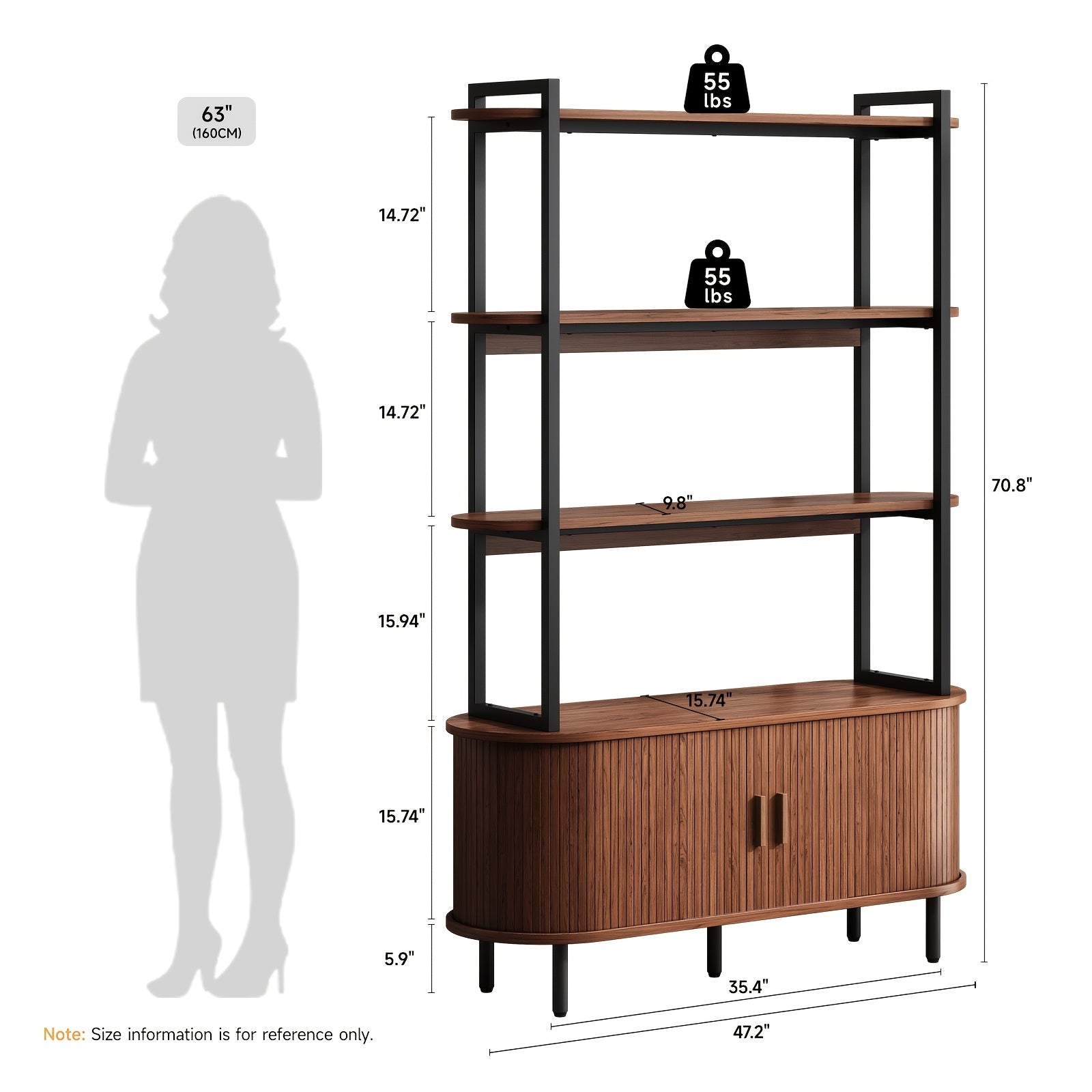 4-Tier Open Bookshelf 71 Inch High Floor Standing Display Bookcase Storage Rack With Storage Cabinets Living Room, Bedroom, Home Office Display Shelf Walnut