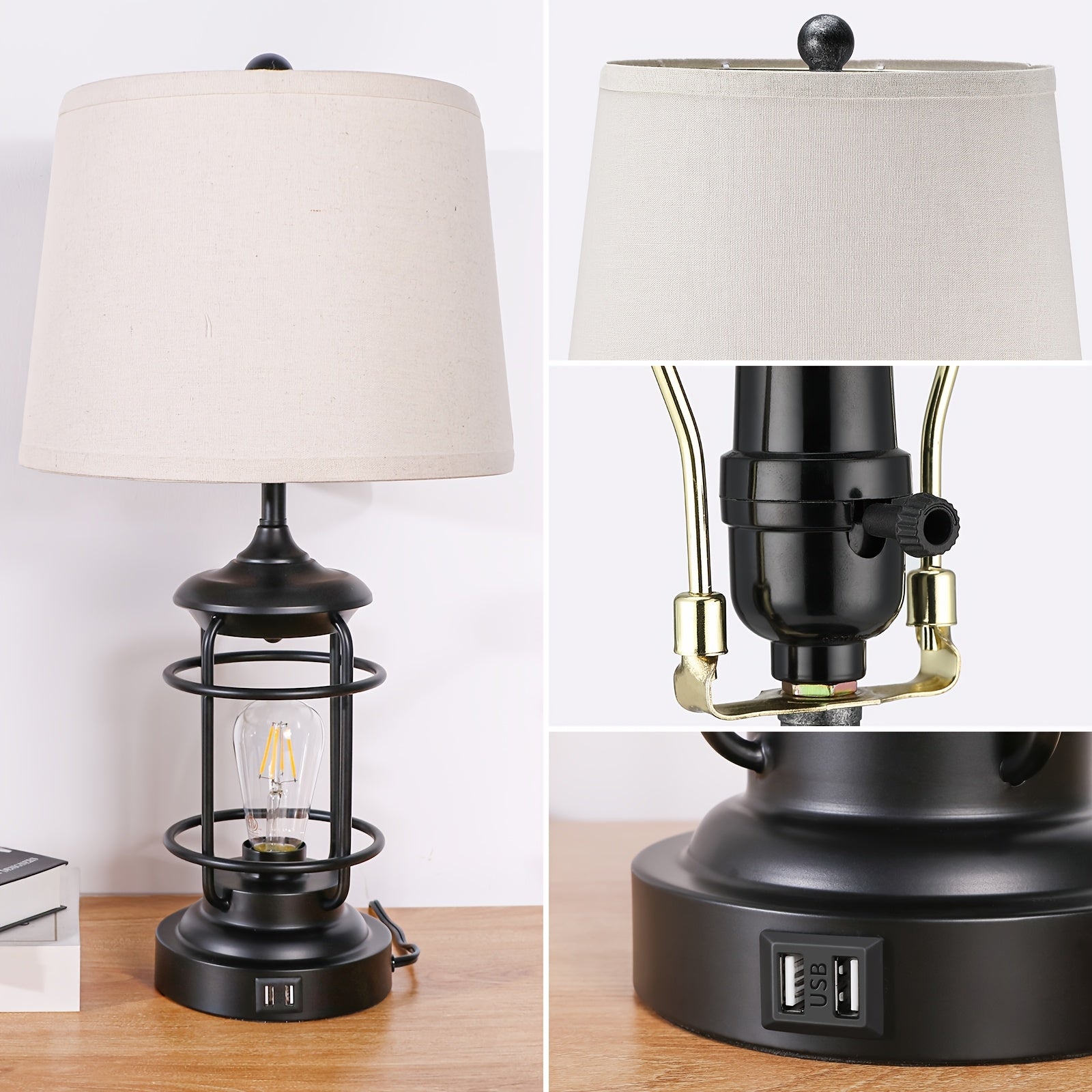 2 Pack Rustic Farmhouse Table Lamps for Living Room End Table with 4 LED Bulbs, Western Metal Lantern Lamps for Bedroom, 2 Lights- 9W Bright Rotary Switch Top Light + Touch Contorl 3 Way Dimmable Night Light, USB Charging, Natural Linen Shade, 23''