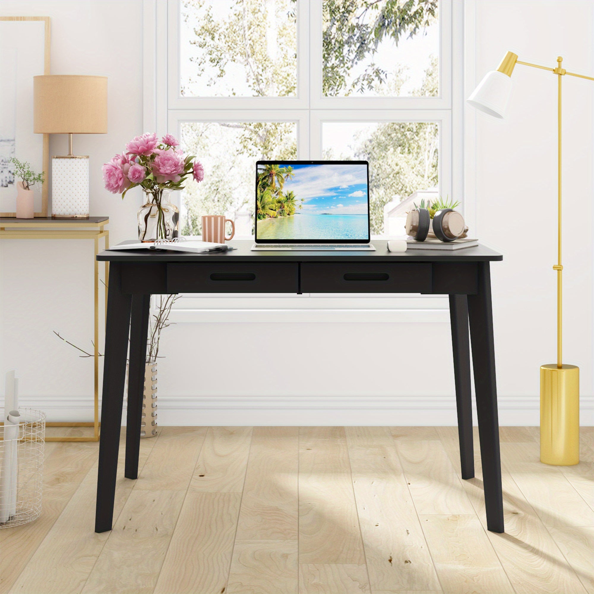 Modern Office Desk Computer Desk Writing Wood Desk Study Work Desk, with 2 Drawer, Suitable for Study or Office, Equipped with Two Drawers and Four Legs, Designed with Simplicity