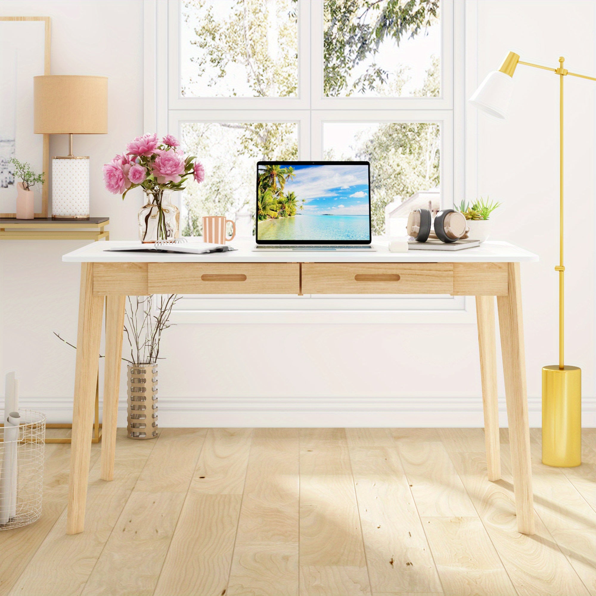 Modern Office Desk Computer Desk Writing Wood Desk Study Work Desk, with 2 Drawer, Suitable for Study or Office, Equipped with Two Drawers and Four Legs, Designed with Simplicity