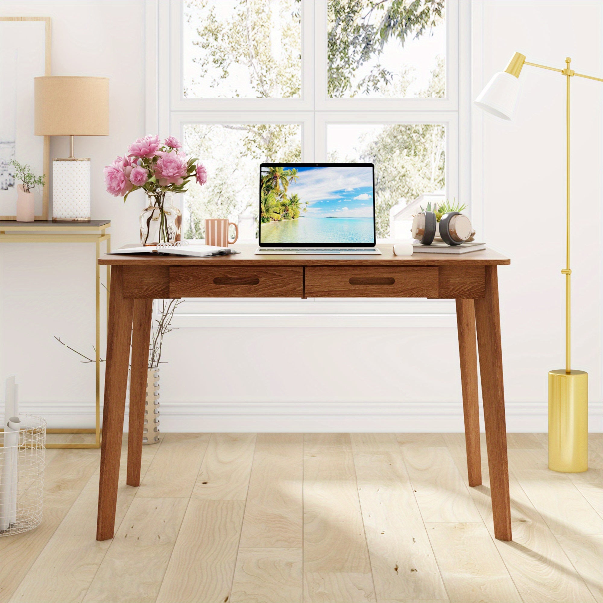 Modern Office Desk Computer Desk Writing Wood Desk Study Work Desk, with 2 Drawer, Suitable for Study or Office, Equipped with Two Drawers and Four Legs, Designed with Simplicity