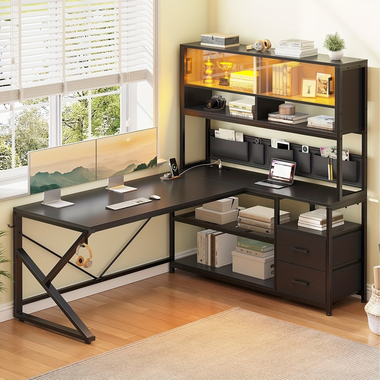 L Shaped Computer Desk with LED Light, 2 Drawers and Bookshelf, Corner Office Desk with Glass Cabinet