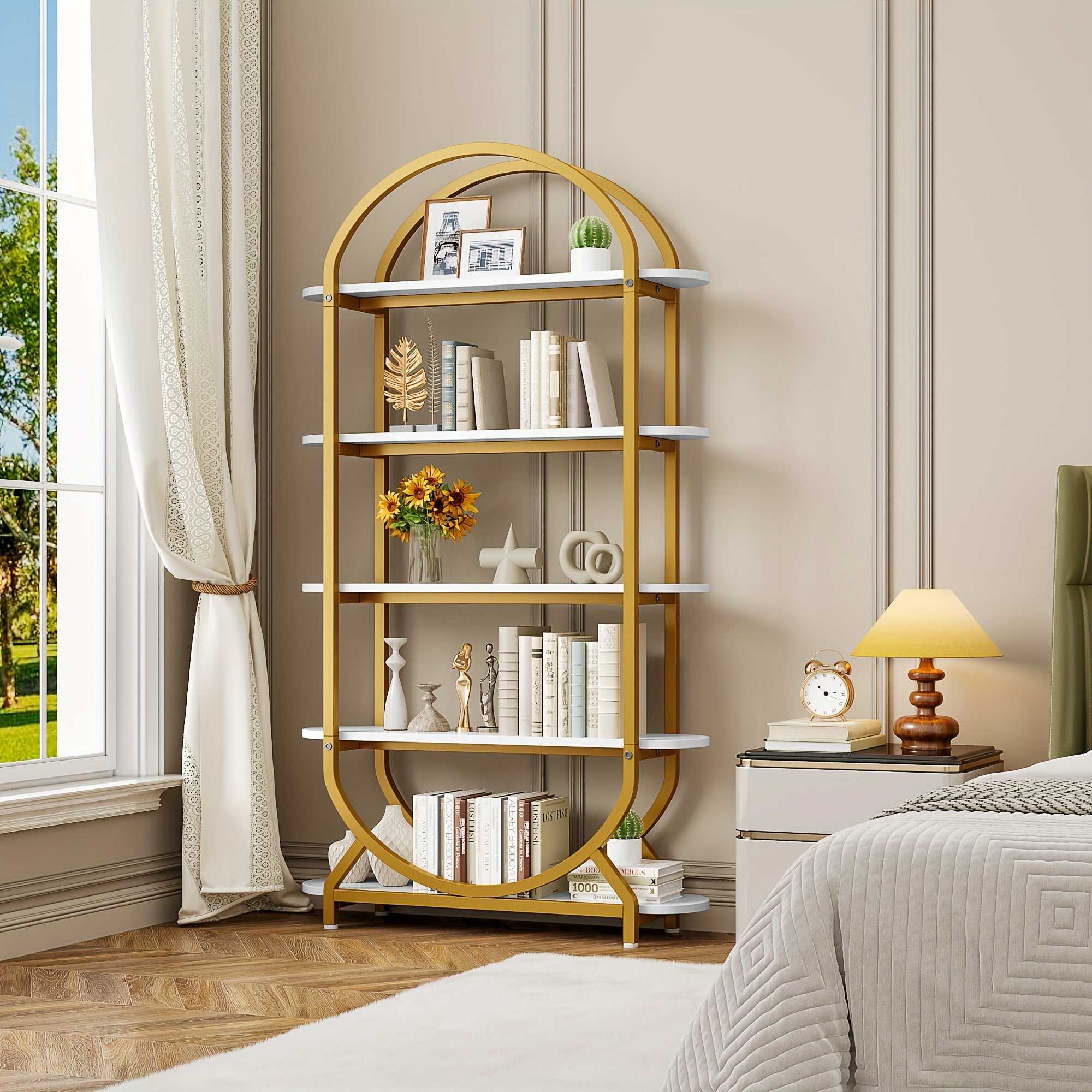 Modern 5-Tier Arched Bookcase with Metal Frame - Heavy-Duty Tall Bookshelf Suitable for Living Room, Home Office, Library - Space-Saving Vertical Storage Shelf with Wide Shelves (Assembly Required) - Black\u002FWhite Golden, 71in Height