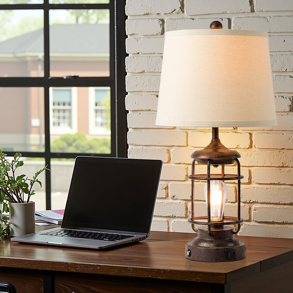 2 Pack Rustic Farmhouse Table Lamps for Living Room End Table with 4 LED Bulbs, Western Metal Lantern Lamps for Bedroom, 2 Lights- 9W Bright Rotary Switch Top Light + Touch Contorl 3 Way Dimmable Night Light, USB Charging, Natural Linen Shade, 23''