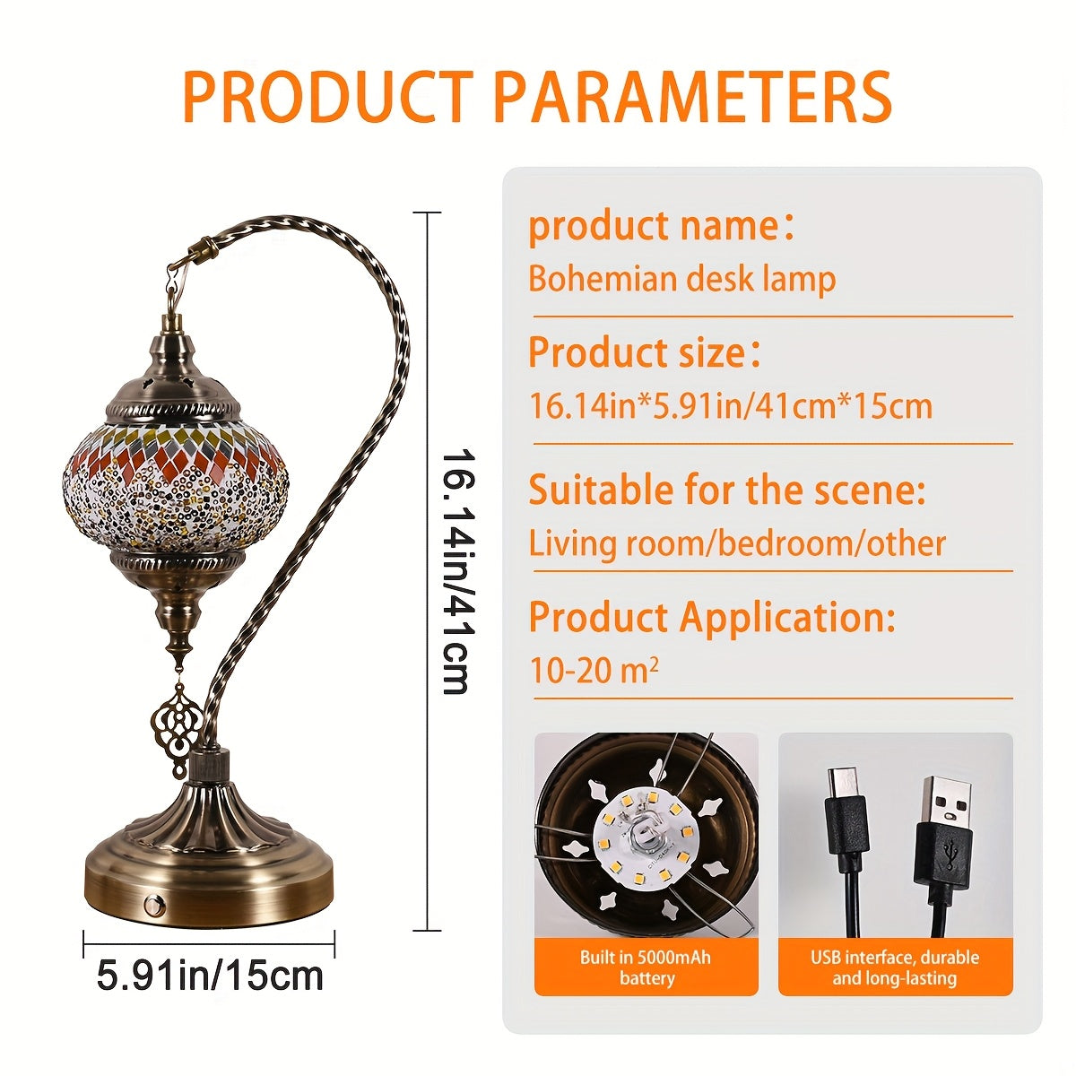 Portable Desk Lamp with a Rechargeable Feature, Inspired by Turkish And Moroccan Designs. This Bohemian Night Light Has a Swan-Neck Shape And Offers Three Color Settings. It Is Made of Mosaic Colored Glass And Comes with a 5000 Mah Battery