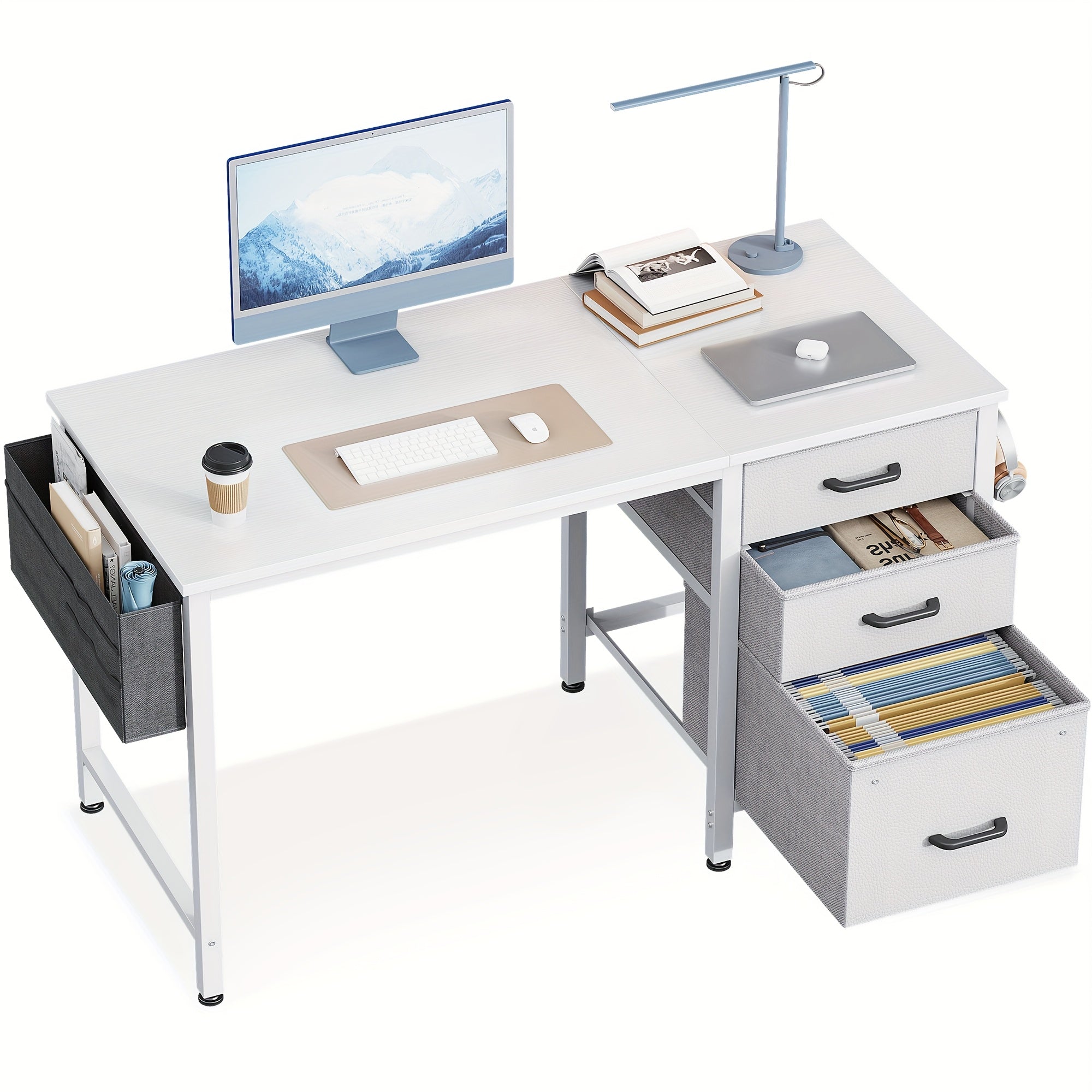 Compact Home Office Desk Featuring 3 Fabric Drawers And a Filing Cabinet, Ideal Writing And Study Table with Storage And Hook for Limited Spaces, Available in 40\u002F48 Inches, in White, Black, Or Vintage Styles