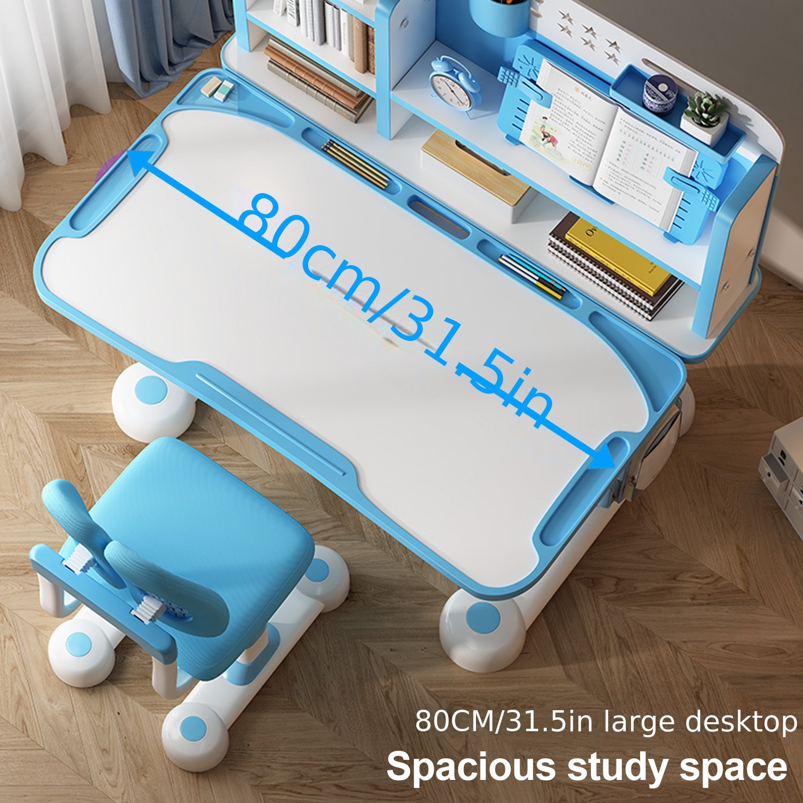 2pcs ' Adjustable Height Study Table & Chair Set with Bookshelf, Footboard & Partition - Ergonomic Learning Desk for \u002F Room, to Teen, Pink\u002FBlue (Metal & Wood), Space-Saving