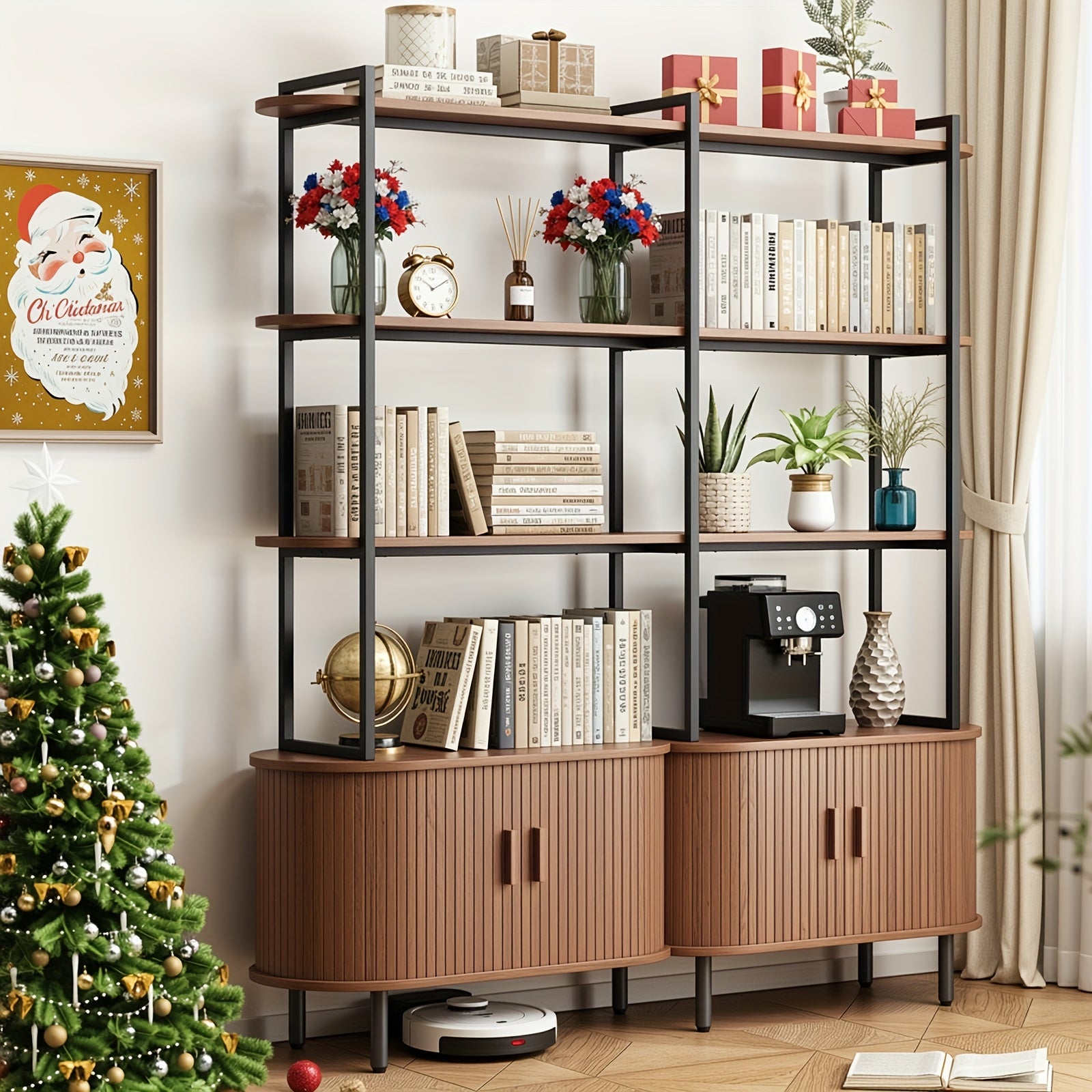 4-Tier Open Bookshelf 71 Inch High Floor Standing Display Bookcase Storage Rack With Storage Cabinets Living Room, Bedroom, Home Office Display Shelf Walnut