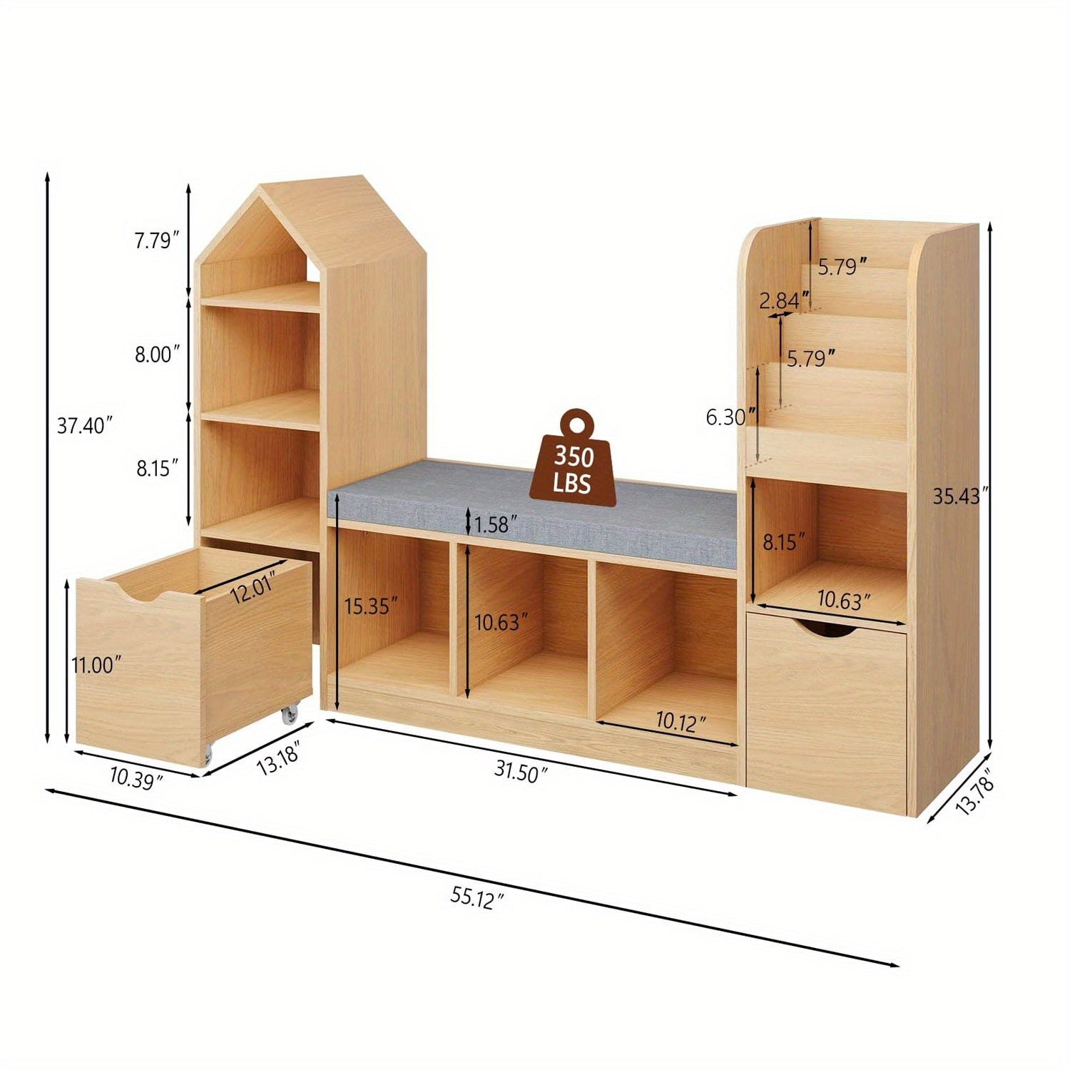 Nordic Style Bookcase with Reading Nook | Space-Saving Storage Cabinet with 7 Cubbies, 2 Movable Drawers & Seat Cushion, Multifunctional Organizer for Living Room, Bedroom, Office, Wood Color, Hardwood Material, VABCHES Brand