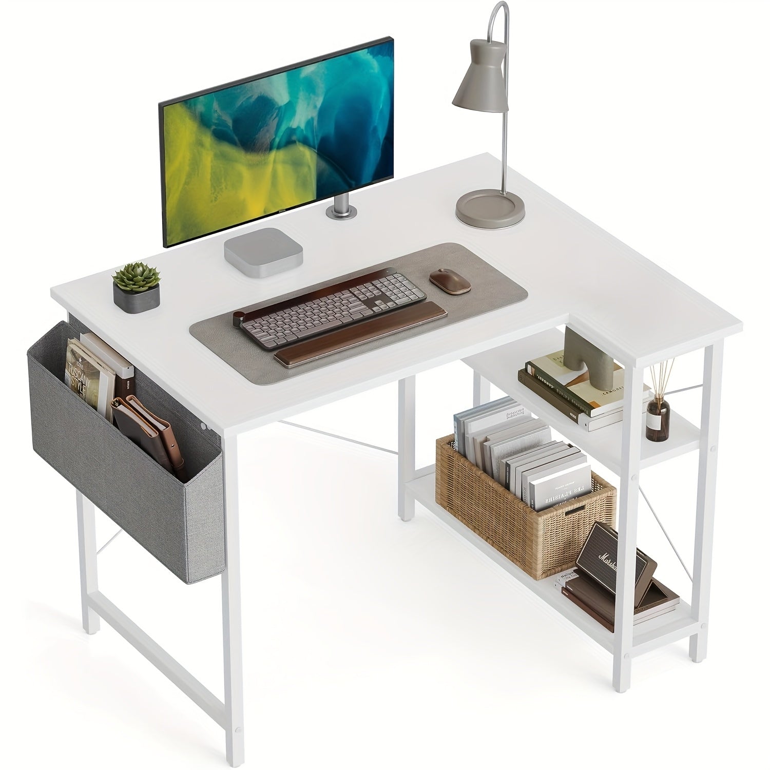 Fezibo L Shaped Desk, 40 Inch Computer Workstation with Adjustable Storage Shelves for Home Office Corner, Study And Writing Table, Black