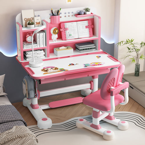 2pcs ' Adjustable Height Study Table & Chair Set with Bookshelf, Footboard & Partition - Ergonomic Learning Desk for \u002F Room, to Teen, Pink\u002FBlue (Metal & Wood), Space-Saving