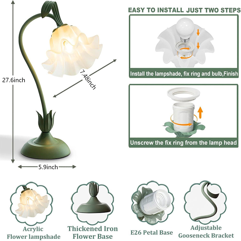 Bedside Table Lamps for Bedroom, Cute Flower Desk Lamp with Adjustable Flexible Gooseneck, 3 Color Temperatures Nightstand Lamp with E26 LED Bulbs, Floral Lamp for Living Room, Office,Reading