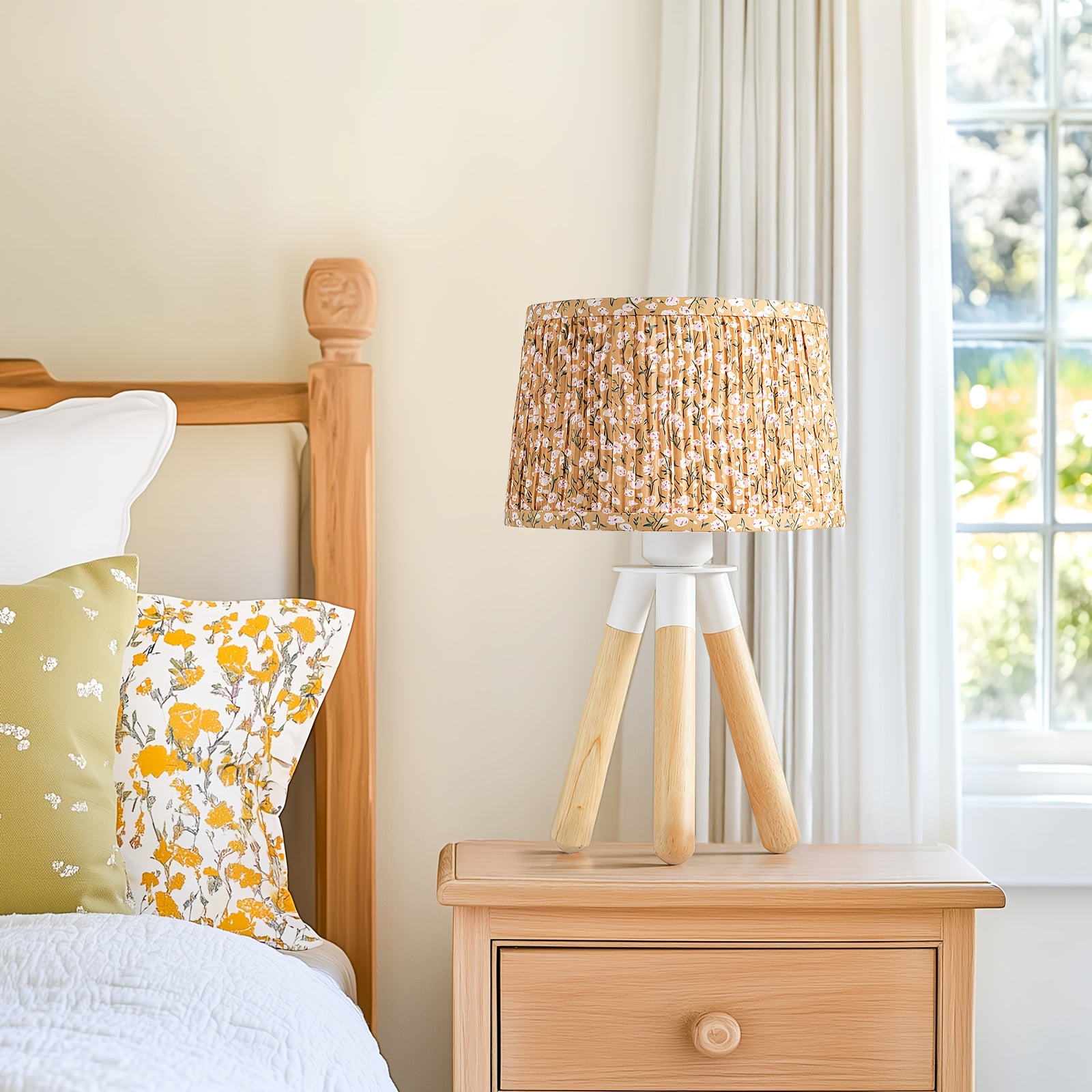 14 Inch Wooden Tripod Table Lamp with Yellow Ditsy Floral Shade - Cute Boho Nightstand Lamp for Bedroom, Dorm, Shelf, Console Table & Desk Decor | Aesthetic Cottagecore Accent Light, E26 Socket, ON\u002FOFF Switch, Small Dresser Lamp