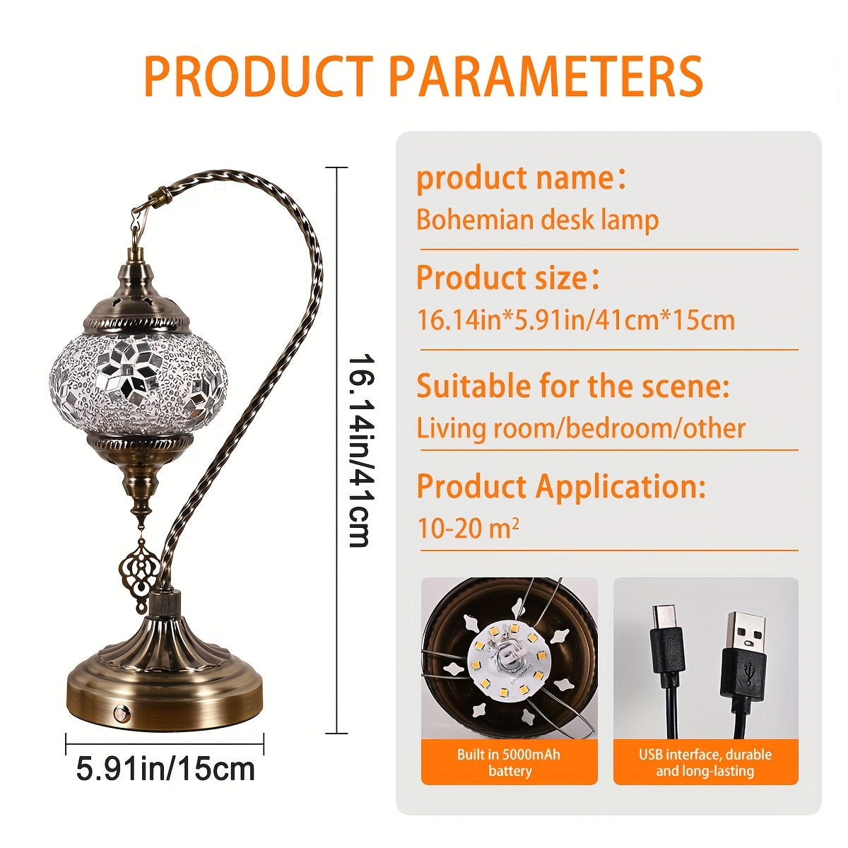 Portable Desk Lamp with a Rechargeable Feature, Inspired by Turkish And Moroccan Designs. This Bohemian Night Light Has a Swan-Neck Shape And Offers Three Color Settings. It Is Made of Mosaic Colored Glass And Comes with a 5000 Mah Battery