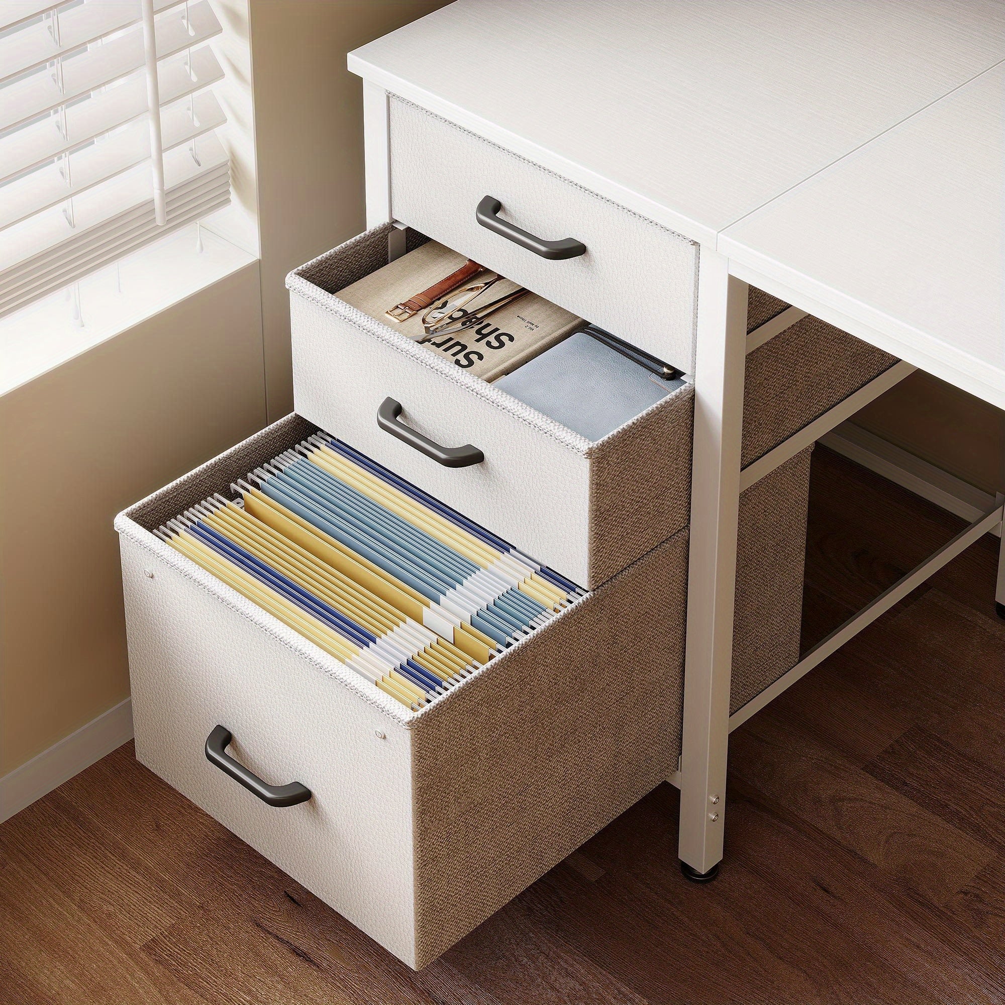Compact Home Office Desk Featuring 3 Fabric Drawers And a Filing Cabinet, Ideal Writing And Study Table with Storage And Hook for Limited Spaces, Available in 40\u002F48 Inches, in White, Black, Or Vintage Styles