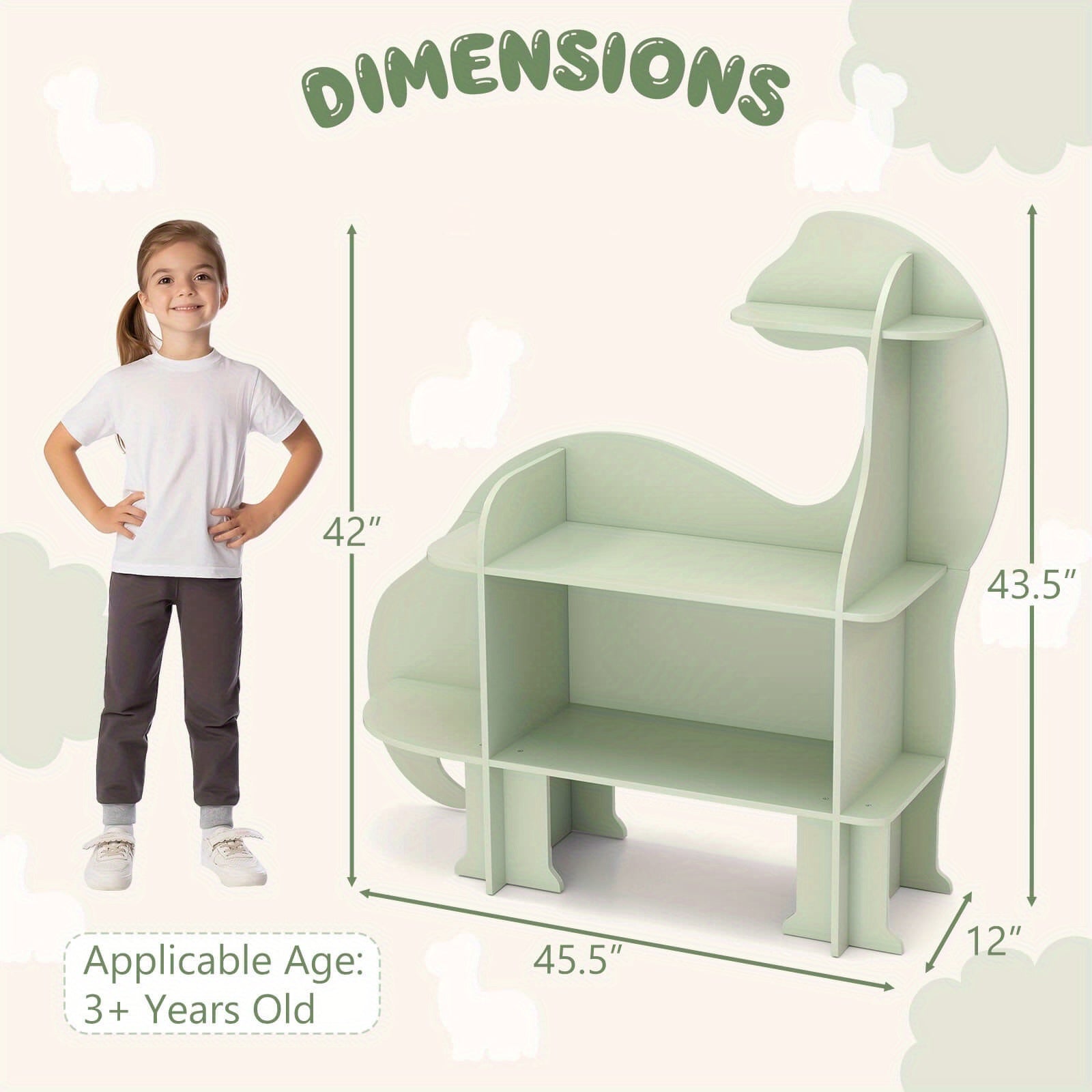 LIFEZEAL Dinosaur Youngsters Bookshelf - 3-Tier Wooden Bookcase with Toy Storage, Sturdy Anti-Tip Design & 133lb Capacity, Green Dinosaur-Shaped Shelf for Nursery, Playroom, Kindergarten (Ages 3+)