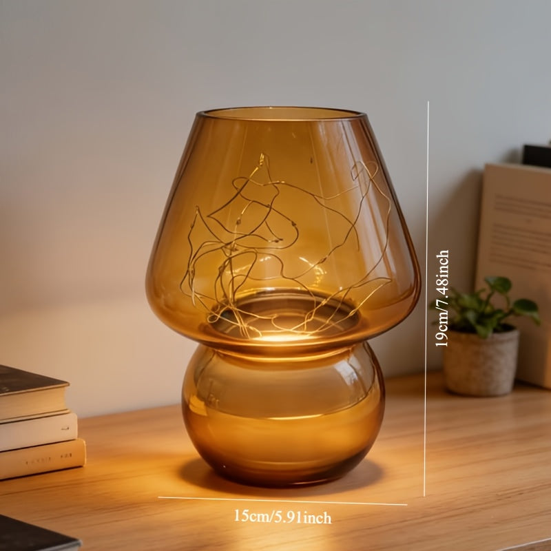 Glass Mushroom Lamp Battery-Powered - Cute Mushroom-Shaped Bulb with Glass &, Portable Table\u002FCendant for Rooms,, Rustic Decor (No Plug, Battery-Supported)