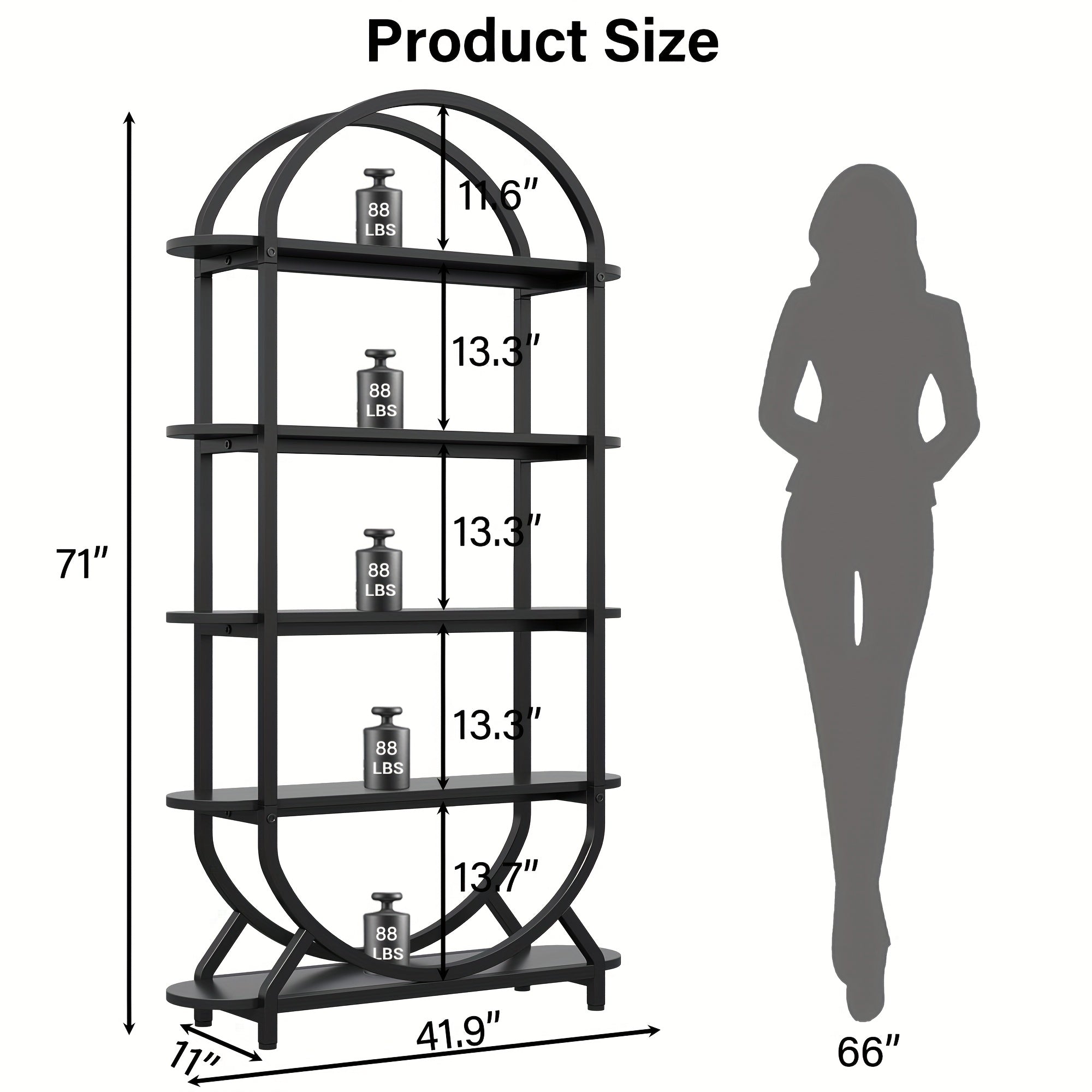 Modern 5-Tier Arched Bookcase with Metal Frame - Heavy-Duty Tall Bookshelf Suitable for Living Room, Home Office, Library - Space-Saving Vertical Storage Shelf with Wide Shelves (Assembly Required) - Black\u002FWhite Golden, 71in Height