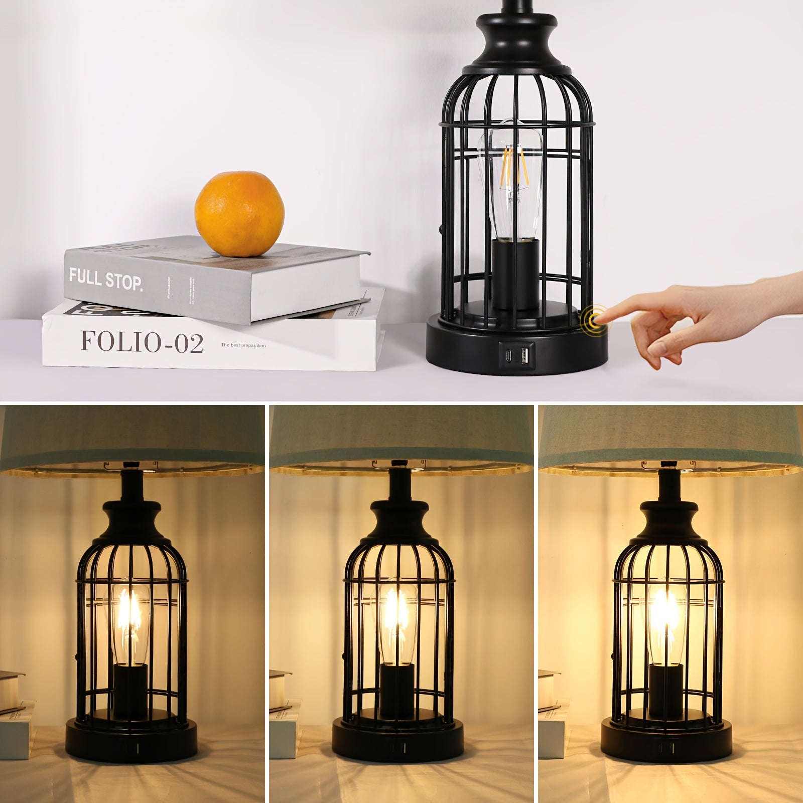 2 Set Farmhouse Table Lamps with 4 LED Bulbs, 9W Bright Rotary Switch Top Light + Touch Contorl 3 Way Dimmable Bird Cage Nightstand Light, Dual USB Ports, Natural Linen Shade, Metal, Black, 22 Inch