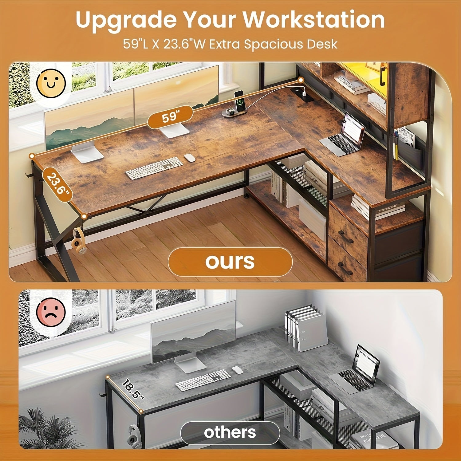 L Shaped Computer Desk with LED Light, 2 Drawers and Bookshelf, Corner Office Desk with Glass Cabinet