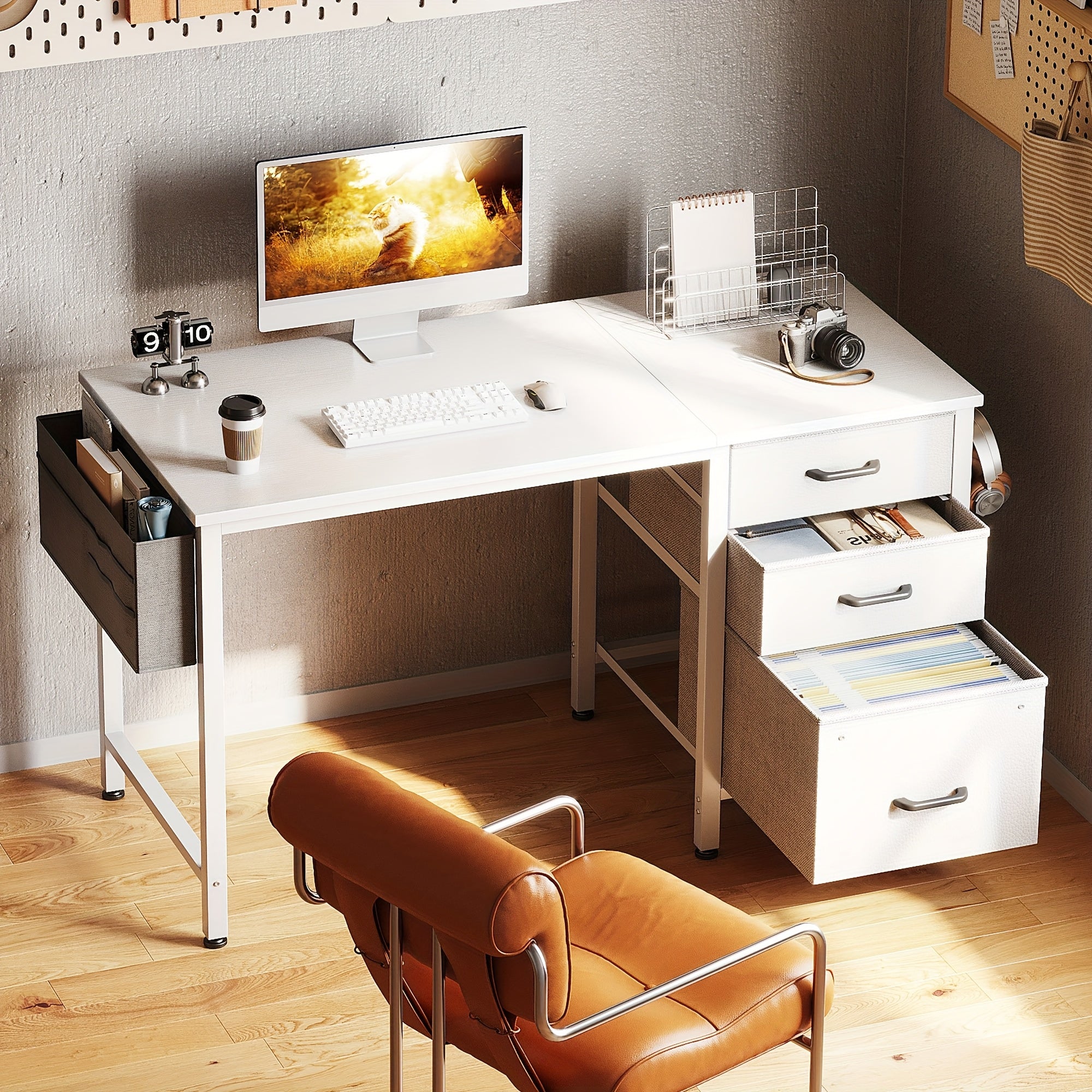 Compact Home Office Desk Featuring 3 Fabric Drawers And a Filing Cabinet, Ideal Writing And Study Table with Storage And Hook for Limited Spaces, Available in 40\u002F48 Inches, in White, Black, Or Vintage Styles