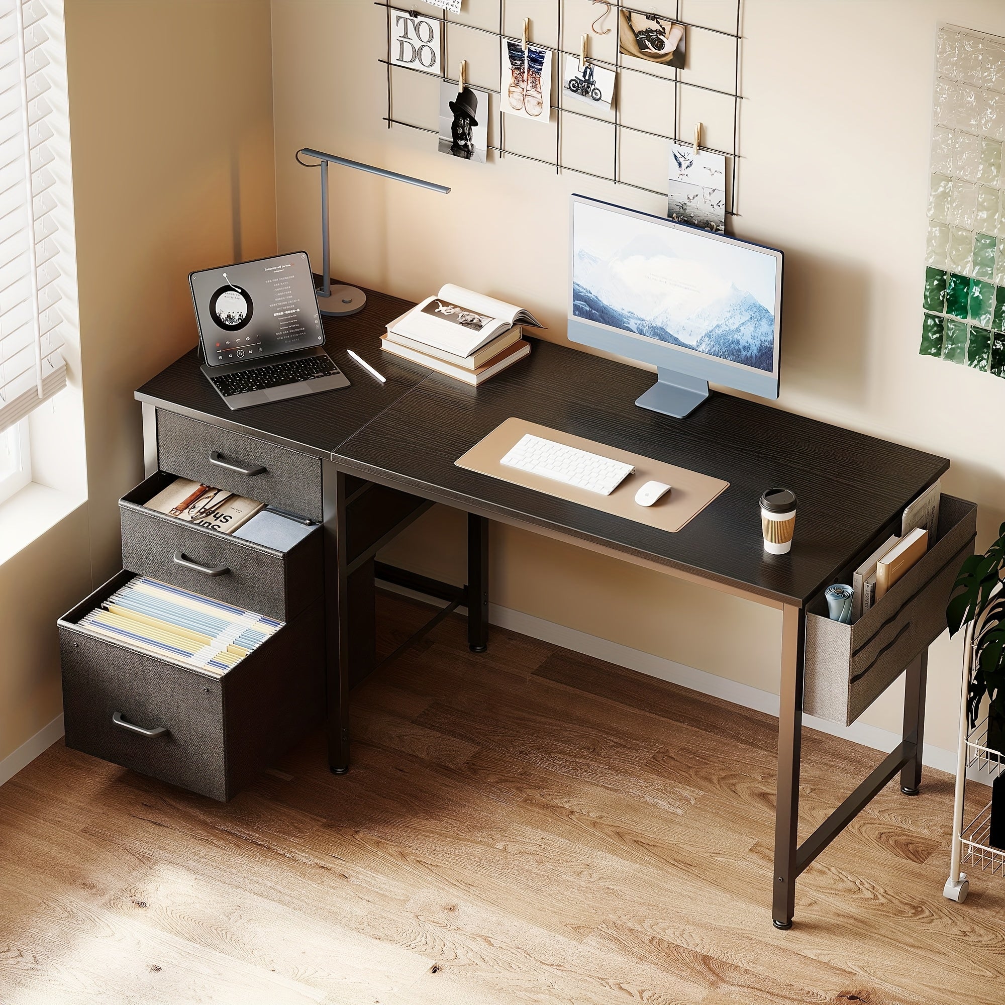 Compact Home Office Desk Featuring 3 Fabric Drawers And a Filing Cabinet, Ideal Writing And Study Table with Storage And Hook for Limited Spaces, Available in 40\u002F48 Inches, in White, Black, Or Vintage Styles