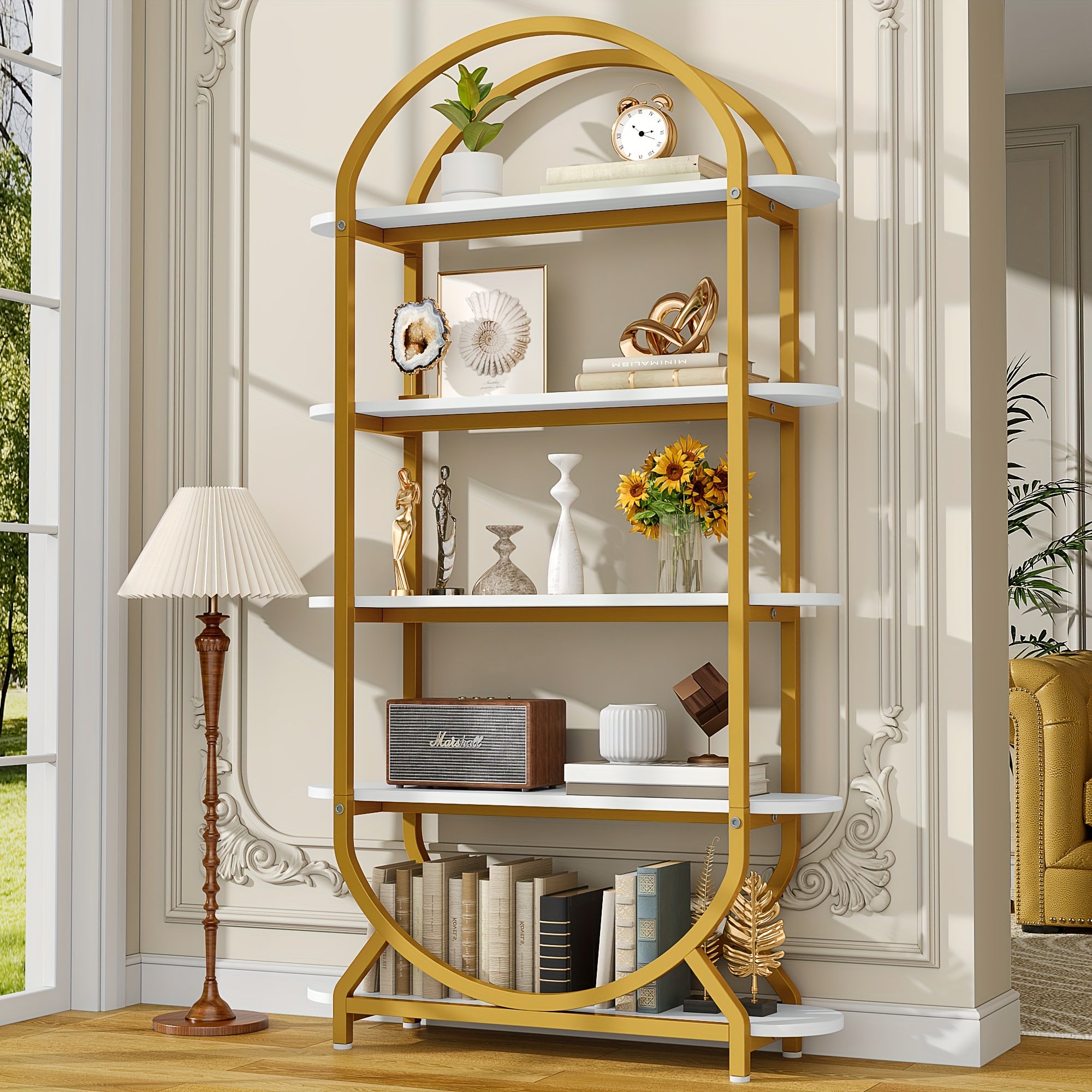 Modern 5-Tier Arched Bookcase with Metal Frame - Heavy-Duty Tall Bookshelf Suitable for Living Room, Home Office, Library - Space-Saving Vertical Storage Shelf with Wide Shelves (Assembly Required) - Black\u002FWhite Golden, 71in Height