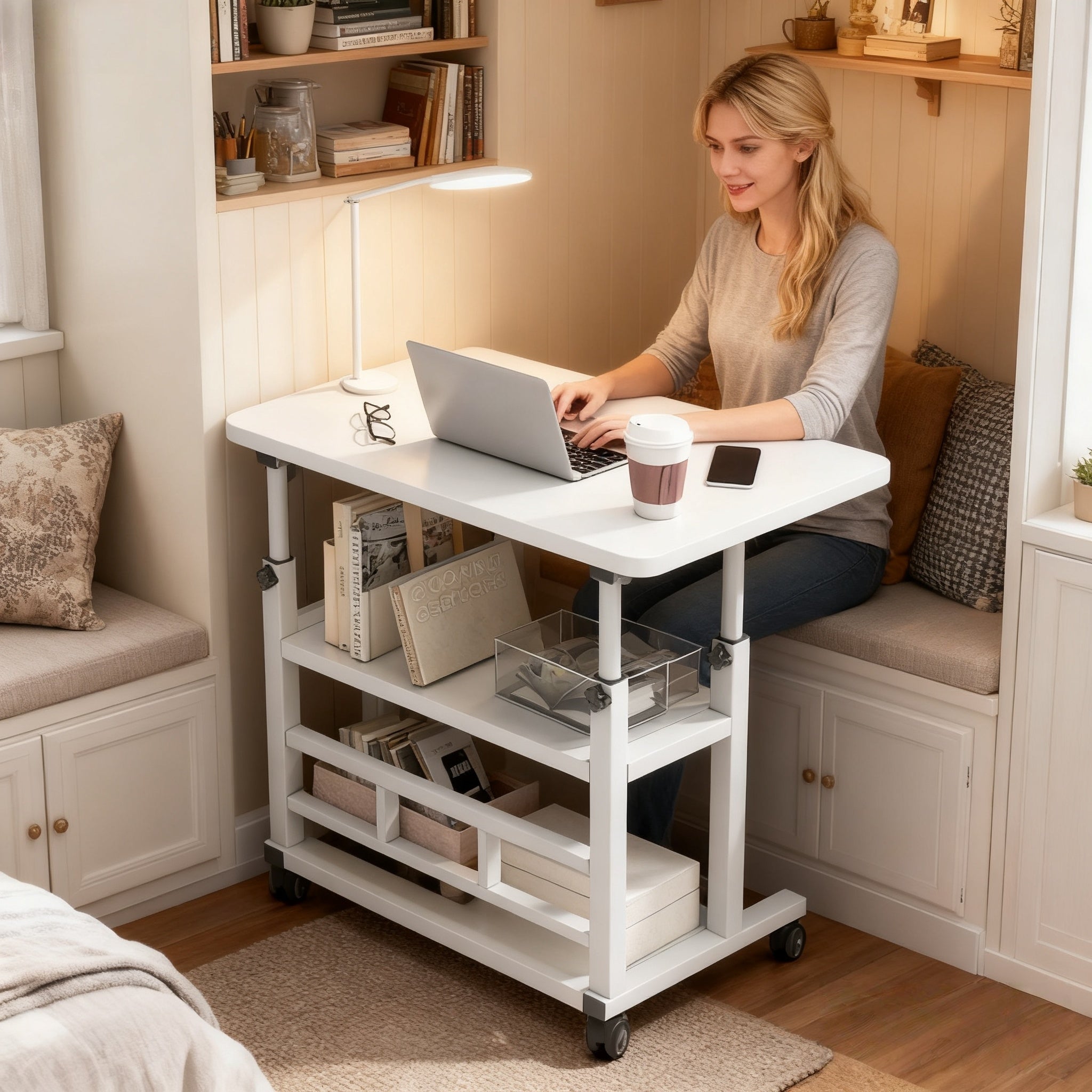 Multifunctional Standing Desk, Height Adjustable 23.62-35.43 Inches, Ergonomic Mobile Computer Desk with Casters, Stable and Comfortable, Sturdy and Durable, Easy to Assemble, Spacious Study Desk Suitable for Home Office and Sofa Use