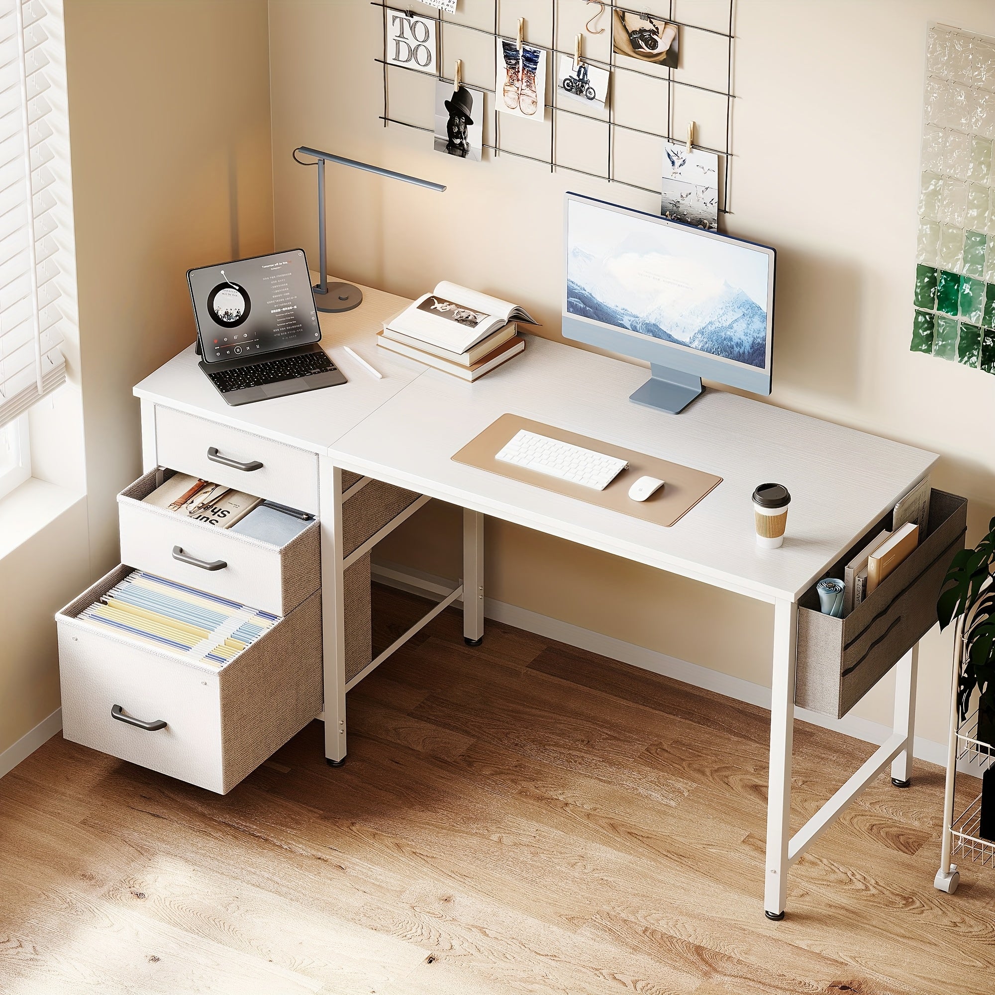 Compact Home Office Desk Featuring 3 Fabric Drawers And a Filing Cabinet, Ideal Writing And Study Table with Storage And Hook for Limited Spaces, Available in 40\u002F48 Inches, in White, Black, Or Vintage Styles