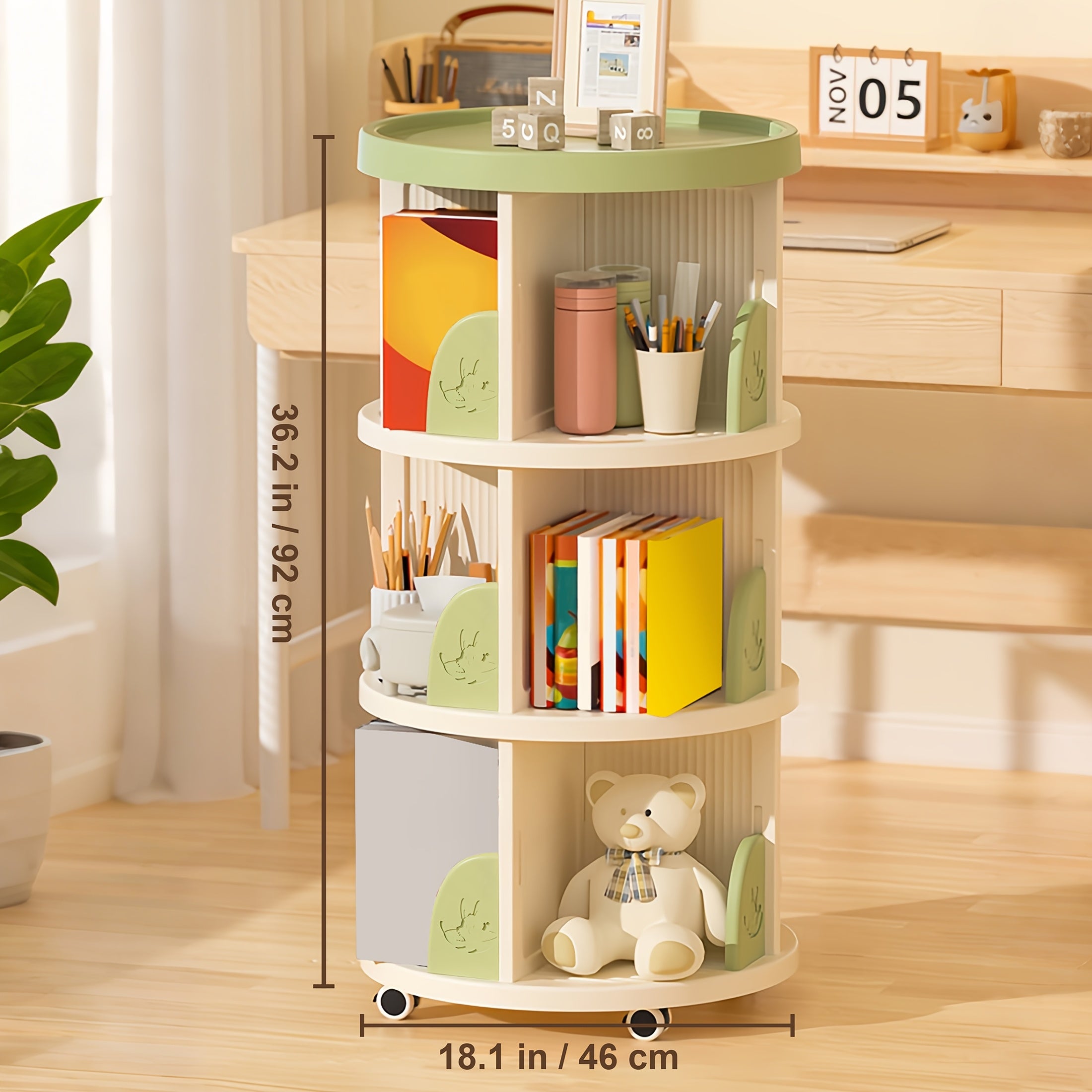 Rotating Round Bookshelf with 3\u002F4-Tier Shelves - Plastic Space-Saving Book Storage Shelf, Freestanding Rotatable Desk Organizer for Home, Office, Classroom - Easy Assembly, Compact for Small Spaces - Ideal for Books & Decor