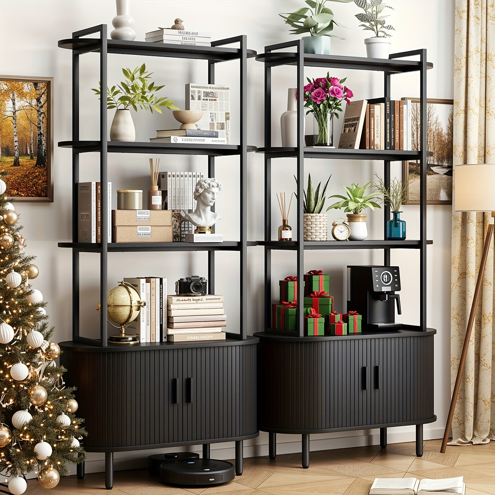 4-Tier Open Bookshelf 71 Inch High Floor Standing Display Bookcase Storage Rack With Storage Cabinets Living Room, Bedroom, Home Office Display Shelf Walnut