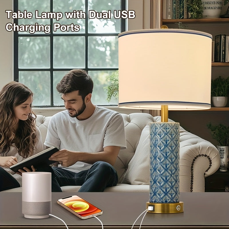 A set of 2 desk lamps with USB A+C port, 26 inch ceramic bedside desk lamp, 3-speed dimming, and linen lampshade for living room - including 2 light bulbs