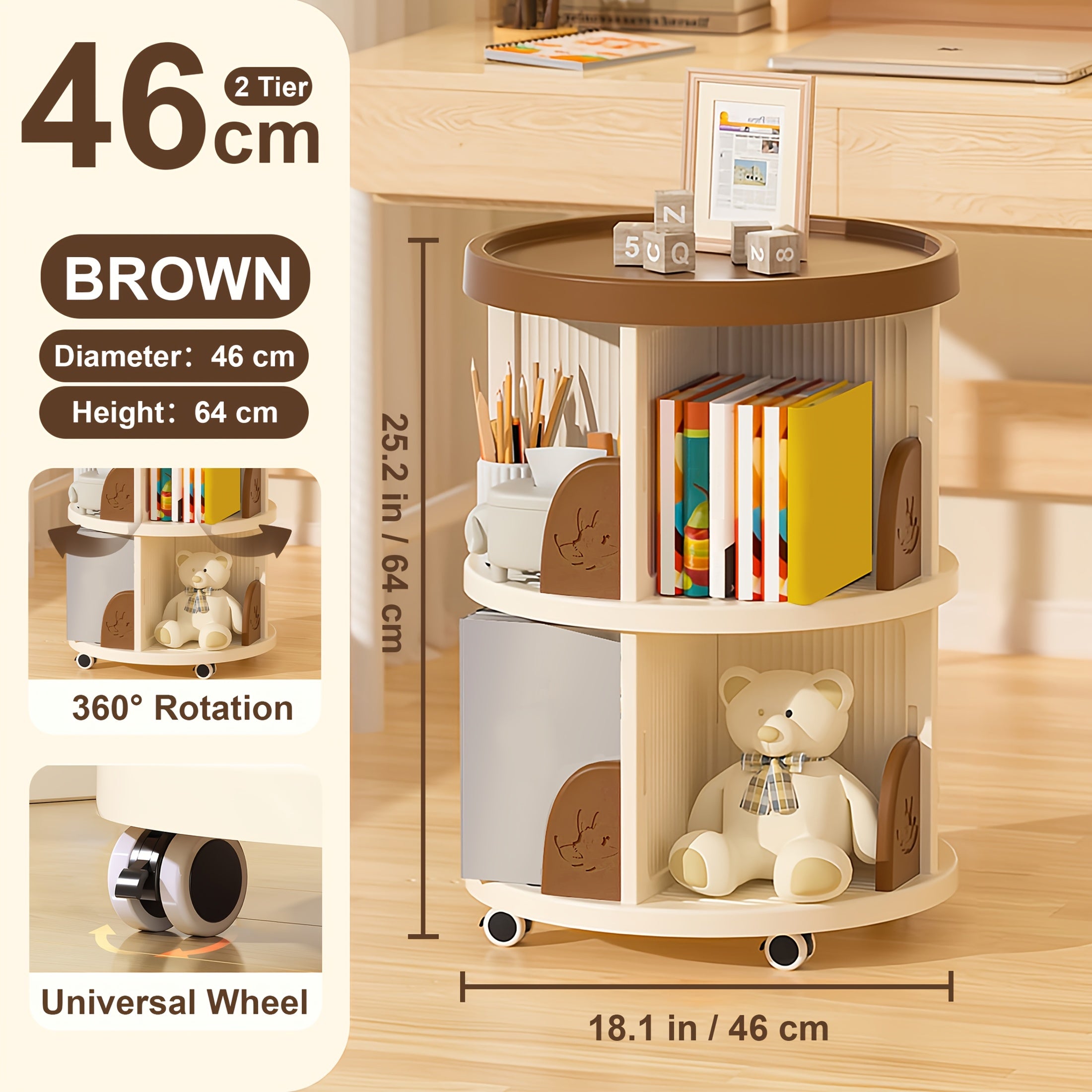 Rotating Round Bookshelf with 3\u002F4-Tier Shelves - Plastic Space-Saving Book Storage Shelf, Freestanding Rotatable Desk Organizer for Home, Office, Classroom - Easy Assembly, Compact for Small Spaces - Ideal for Books & Decor