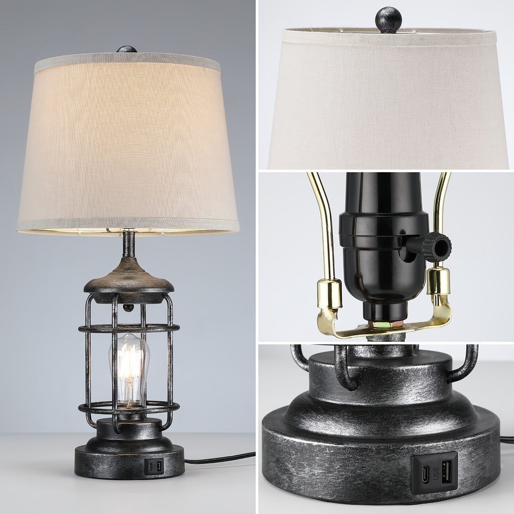 2 Pack Rustic Farmhouse Table Lamps for Living Room End Table with 4 LED Bulbs, Western Metal Lantern Lamps for Bedroom, 2 Lights- 9W Bright Rotary Switch Top Light + Touch Contorl 3 Way Dimmable Night Light, USB Charging, Natural Linen Shade, 23''