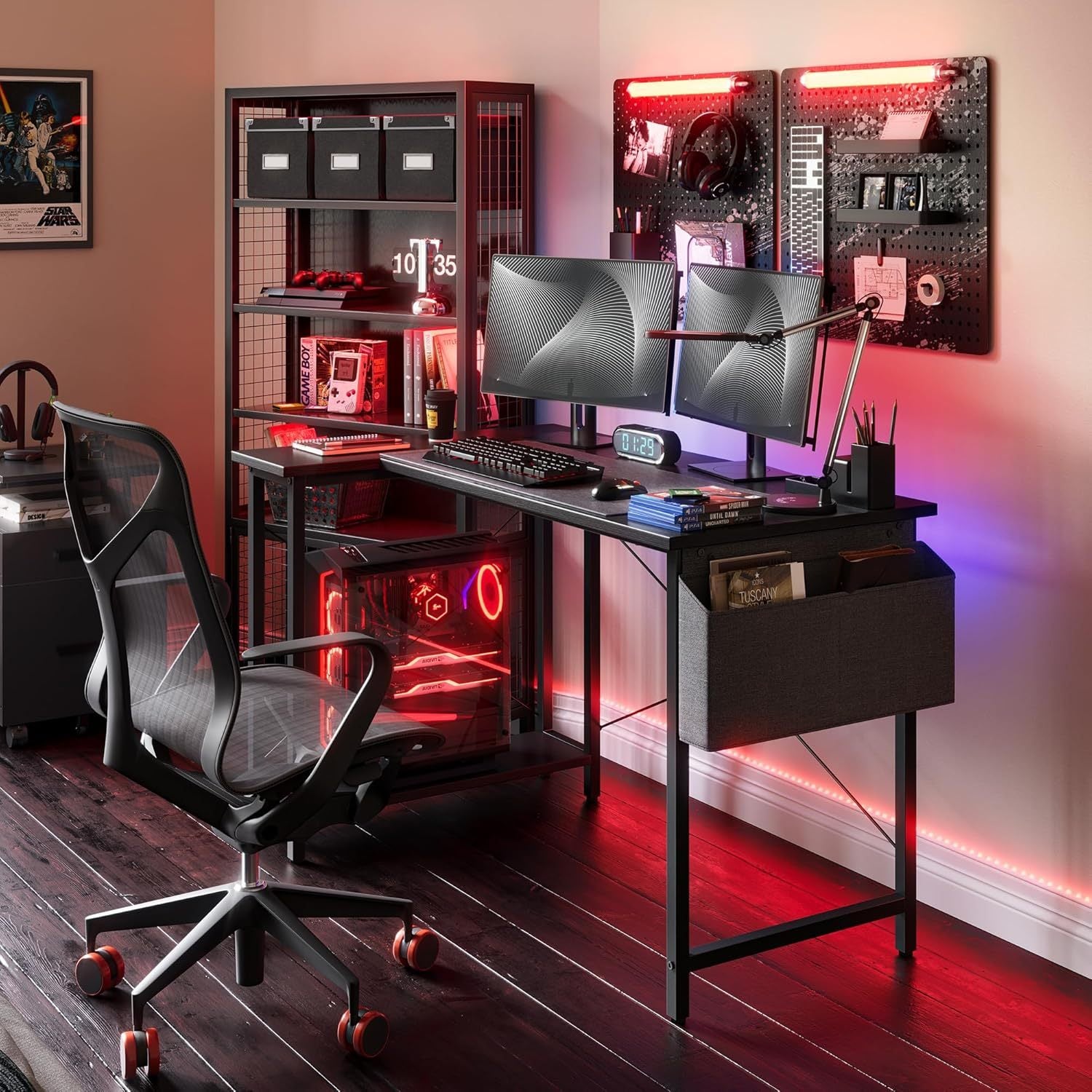 Fezibo L Shaped Desk, 40 Inch Computer Workstation with Adjustable Storage Shelves for Home Office Corner, Study And Writing Table, Black