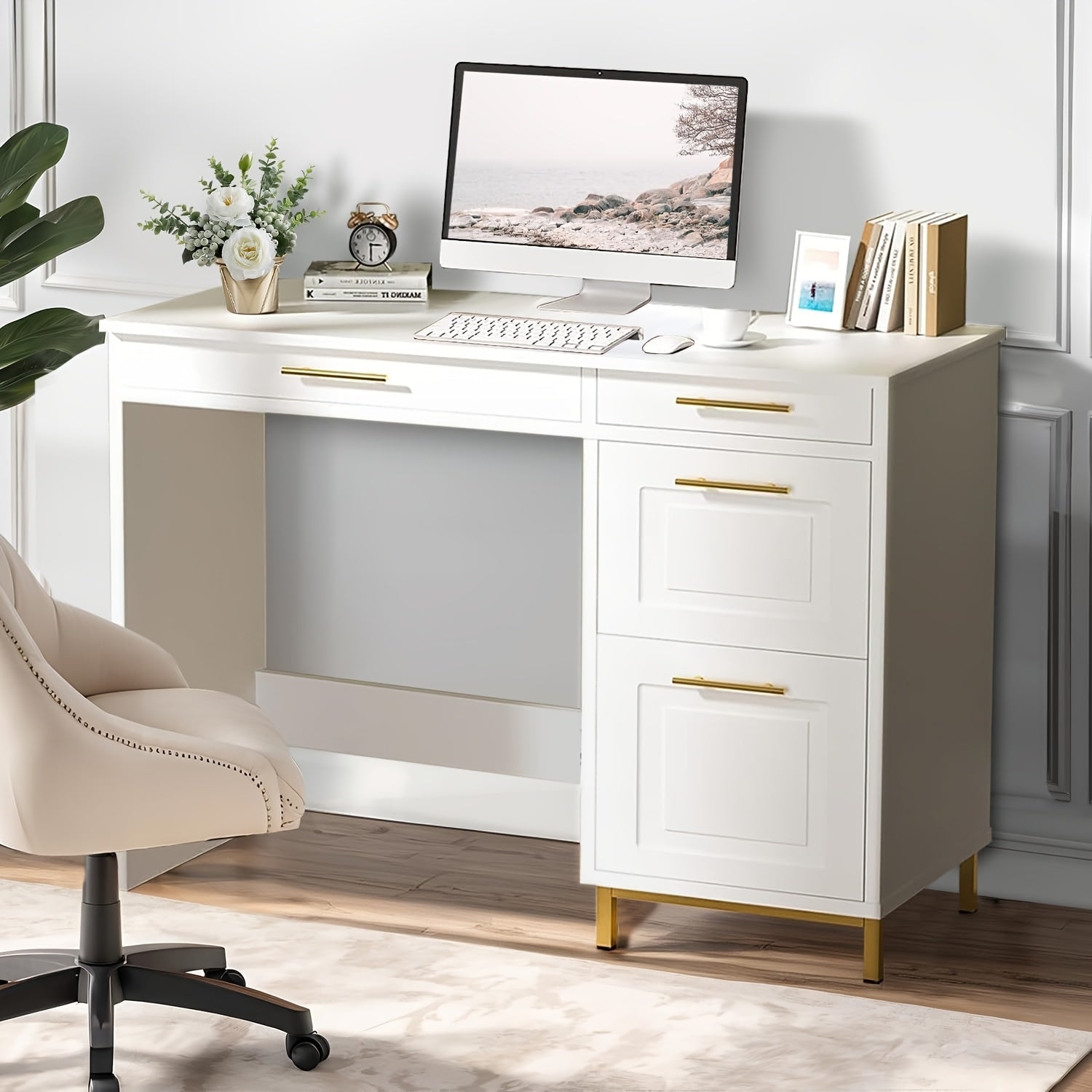 A Compact White Desk Featuring Drawers, Designed in White And Golden, Measuring 43 Inches, Suitable for Home Offices, Bedrooms, And Small Areas, Also Referred to As a Small White Writing Desk