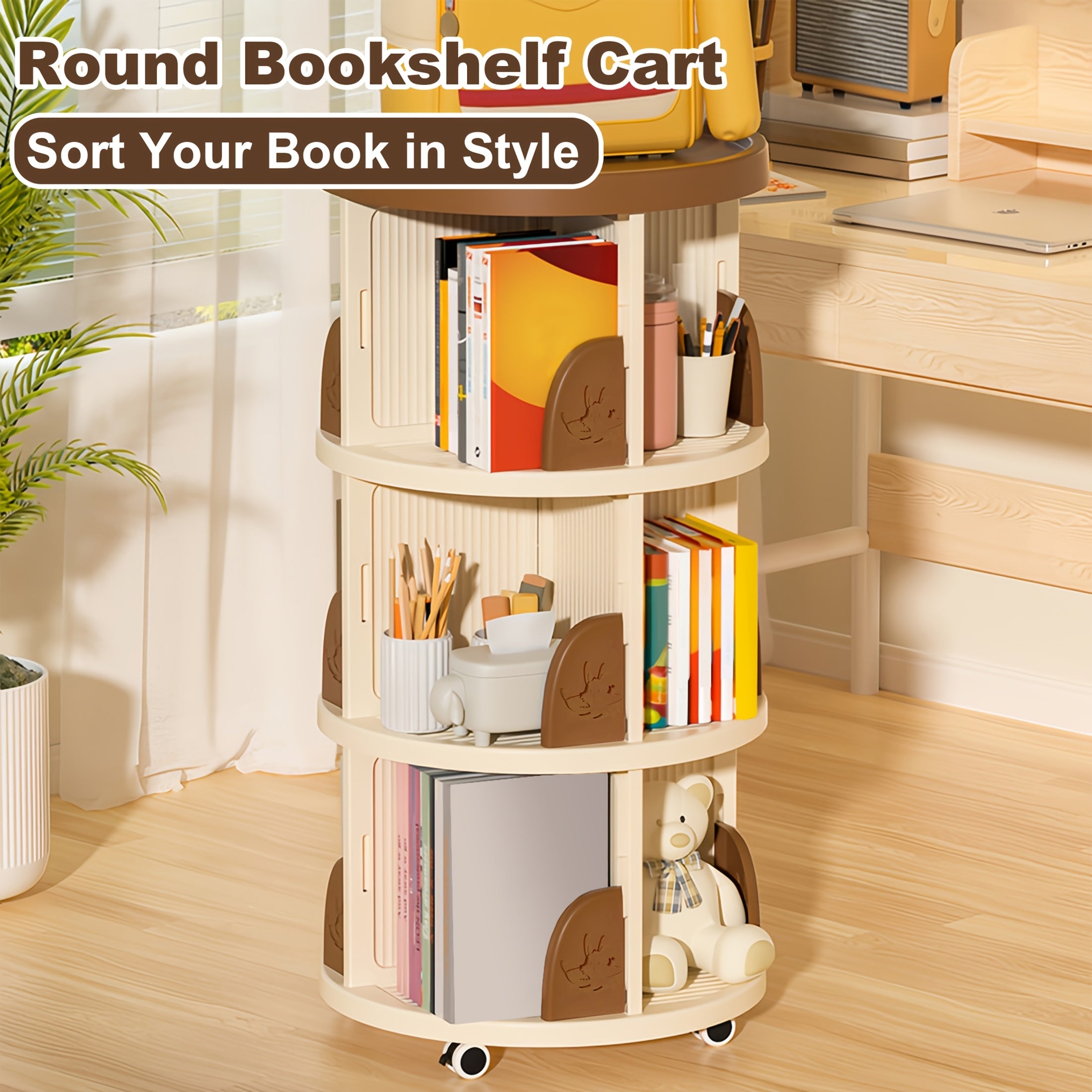 Rotating Round Bookshelf with 3\u002F4-Tier Shelves - Plastic Space-Saving Book Storage Shelf, Freestanding Rotatable Desk Organizer for Home, Office, Classroom - Easy Assembly, Compact for Small Spaces - Ideal for Books & Decor