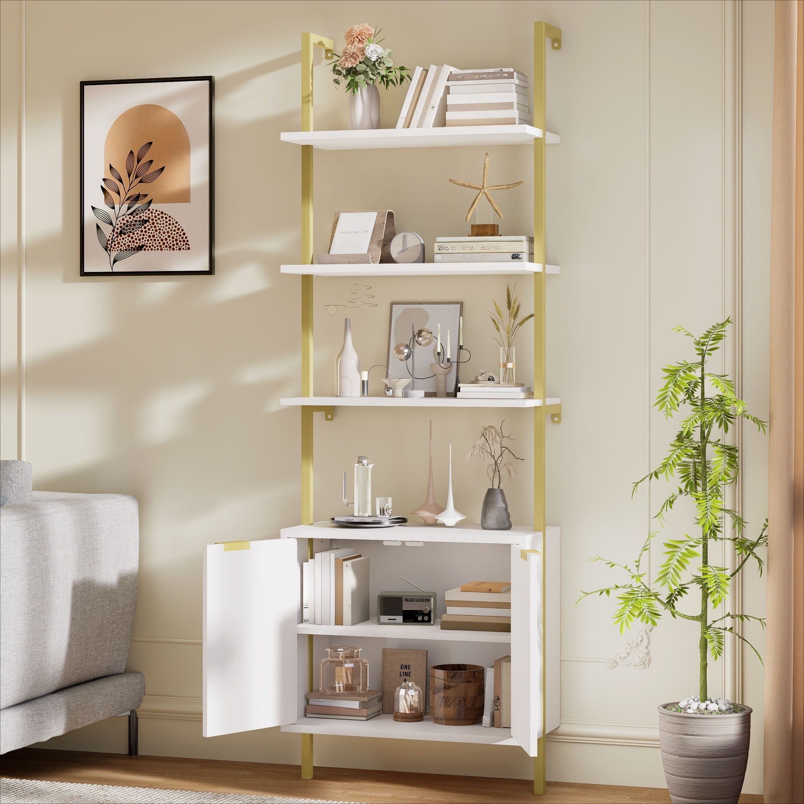 Ladder Bookshelf with Cabinet, 71\