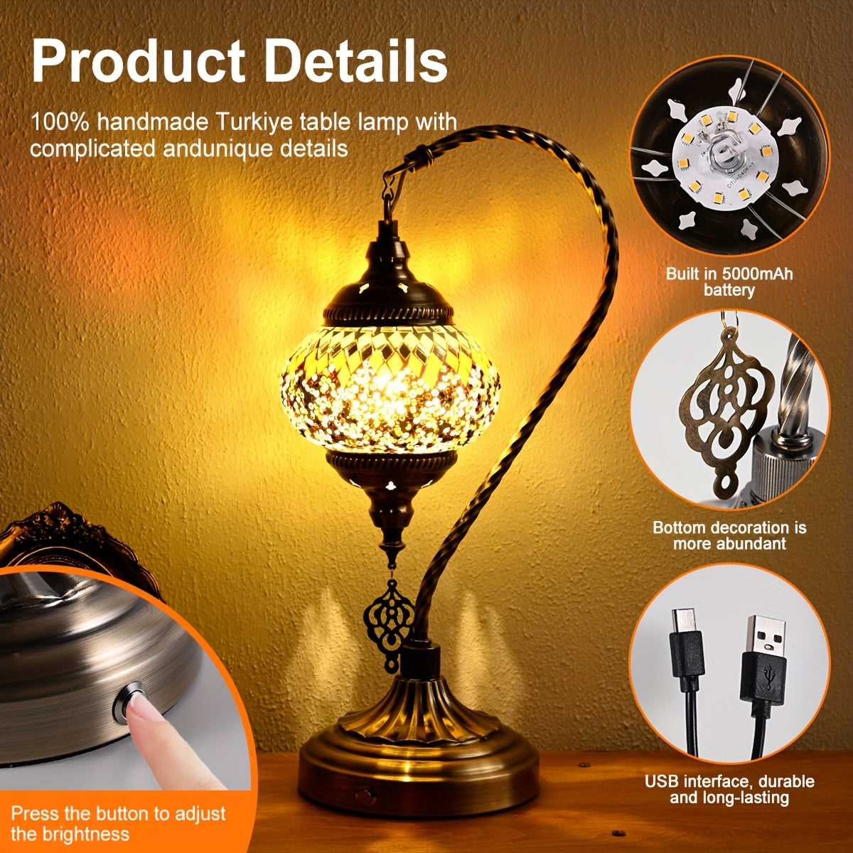 Portable Desk Lamp with a Rechargeable Feature, Inspired by Turkish And Moroccan Designs. This Bohemian Night Light Has a Swan-Neck Shape And Offers Three Color Settings. It Is Made of Mosaic Colored Glass And Comes with a 5000 Mah Battery