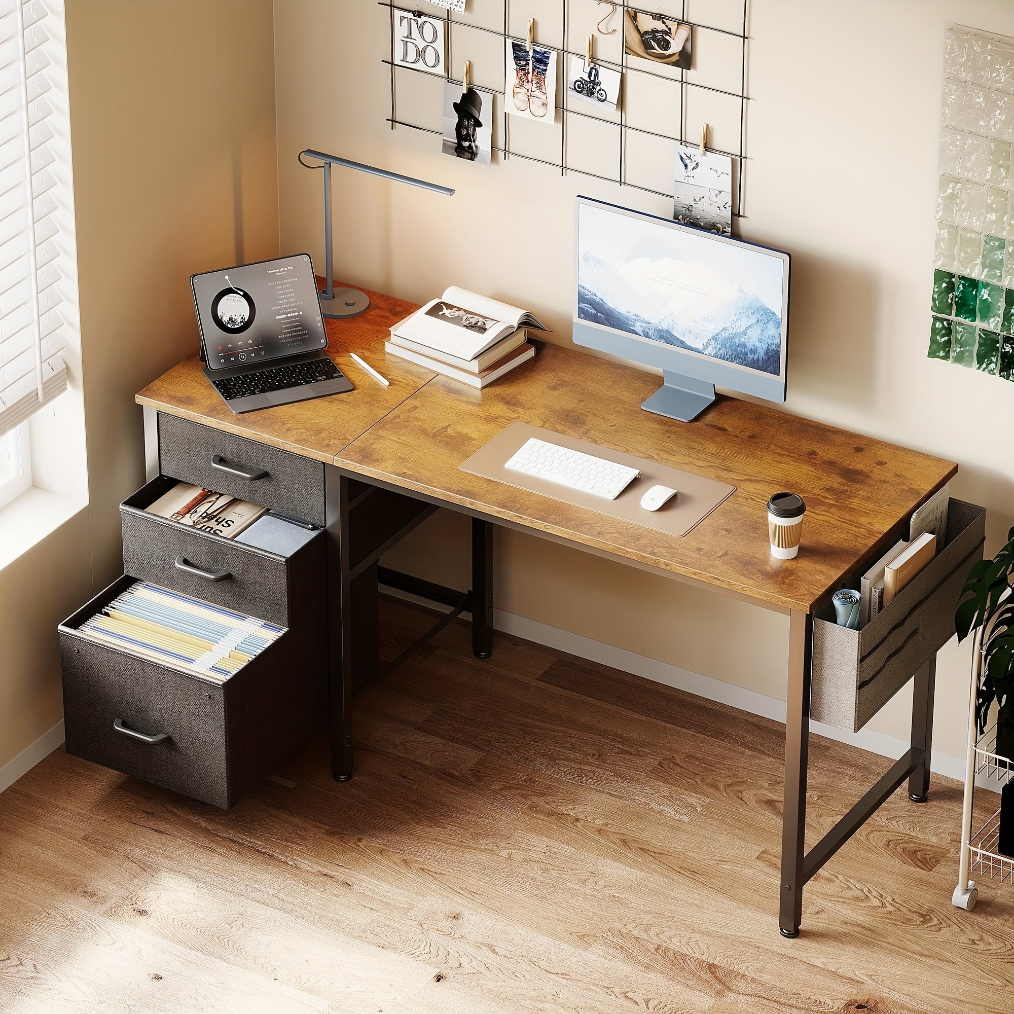 Compact Home Office Desk Featuring 3 Fabric Drawers And a Filing Cabinet, Ideal Writing And Study Table with Storage And Hook for Limited Spaces, Available in 40\u002F48 Inches, in White, Black, Or Vintage Styles