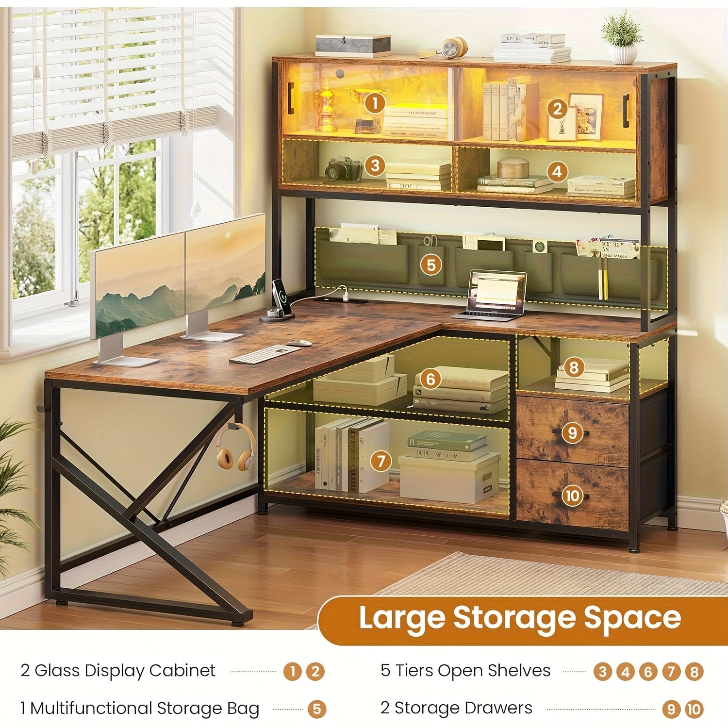 L Shaped Computer Desk with LED Light, 2 Drawers and Bookshelf, Corner Office Desk with Glass Cabinet