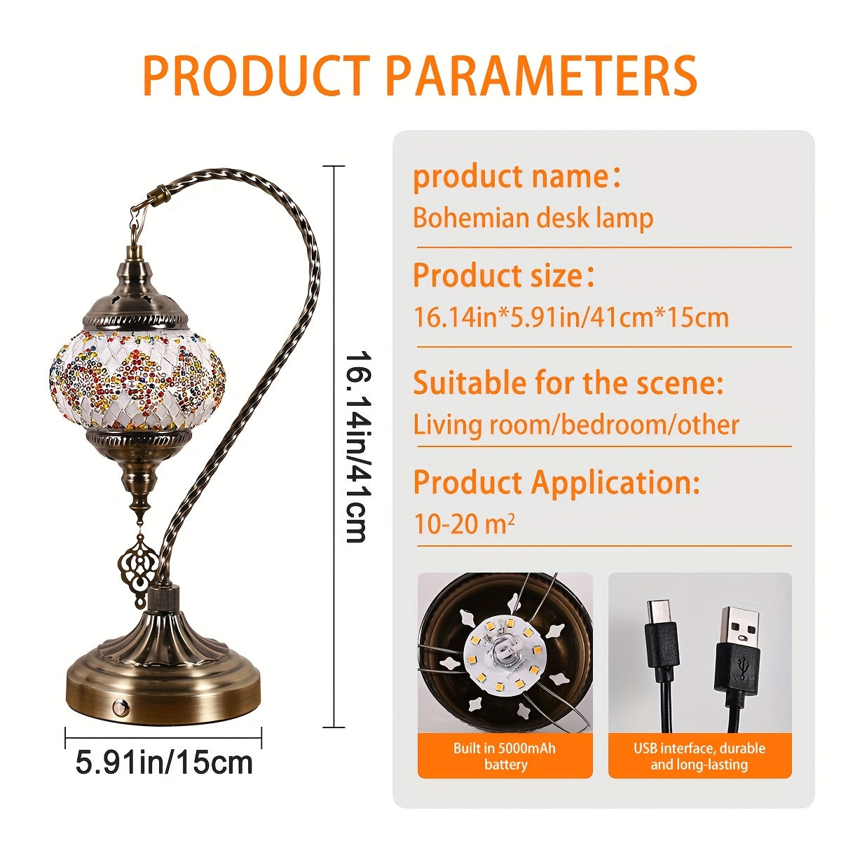 Portable Desk Lamp with a Rechargeable Feature, Inspired by Turkish And Moroccan Designs. This Bohemian Night Light Has a Swan-Neck Shape And Offers Three Color Settings. It Is Made of Mosaic Colored Glass And Comes with a 5000 Mah Battery