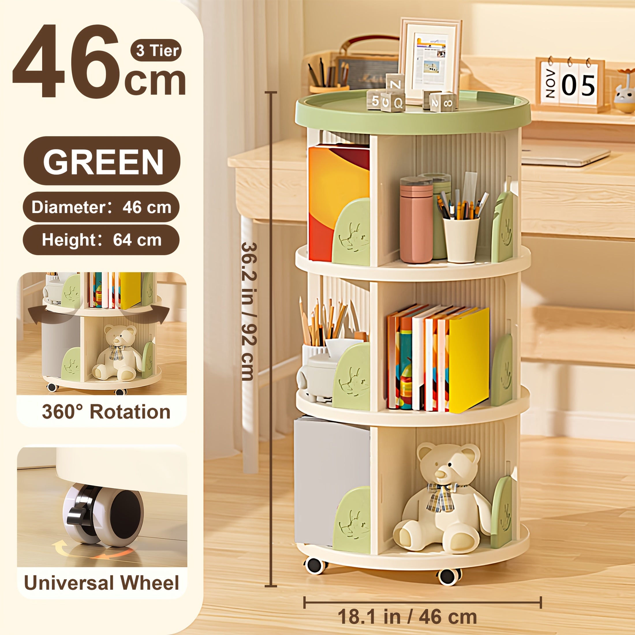 Rotating Round Bookshelf with 3\u002F4-Tier Shelves - Plastic Space-Saving Book Storage Shelf, Freestanding Rotatable Desk Organizer for Home, Office, Classroom - Easy Assembly, Compact for Small Spaces - Ideal for Books & Decor