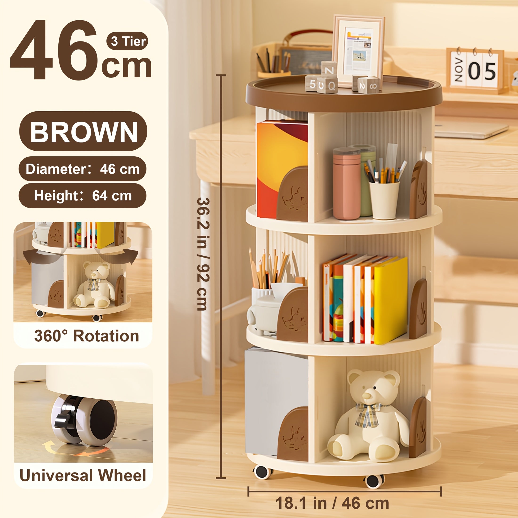 Rotating Round Bookshelf with 3\u002F4-Tier Shelves - Plastic Space-Saving Book Storage Shelf, Freestanding Rotatable Desk Organizer for Home, Office, Classroom - Easy Assembly, Compact for Small Spaces - Ideal for Books & Decor