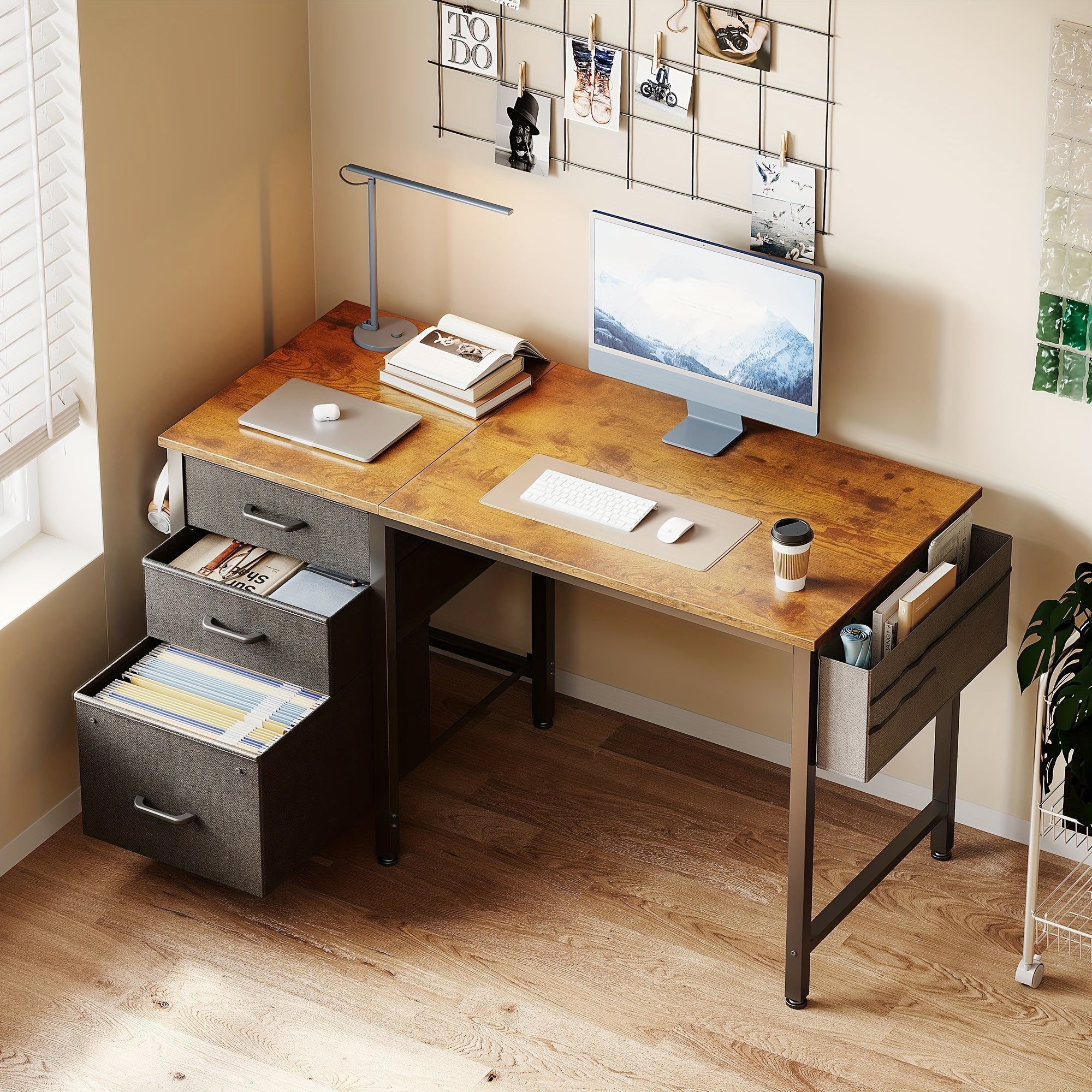 Compact Home Office Desk Featuring 3 Fabric Drawers And a Filing Cabinet, Ideal Writing And Study Table with Storage And Hook for Limited Spaces, Available in 40\u002F48 Inches, in White, Black, Or Vintage Styles