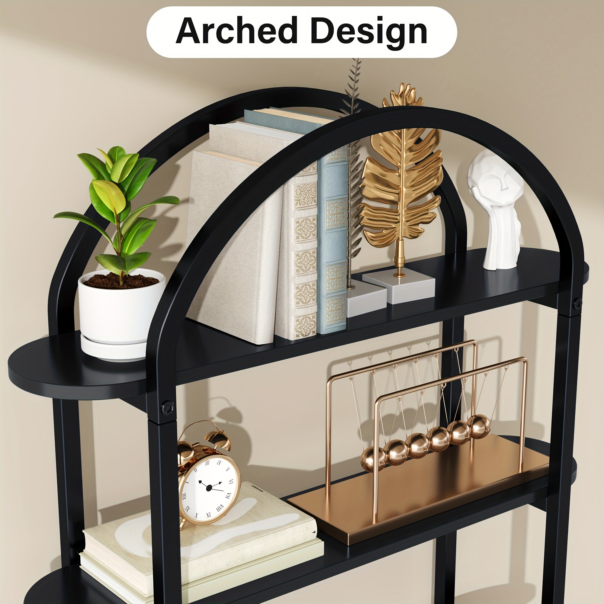 Modern 5-Tier Arched Bookcase with Metal Frame - Heavy-Duty Tall Bookshelf Suitable for Living Room, Home Office, Library - Space-Saving Vertical Storage Shelf with Wide Shelves (Assembly Required) - Black\u002FWhite Golden, 71in Height