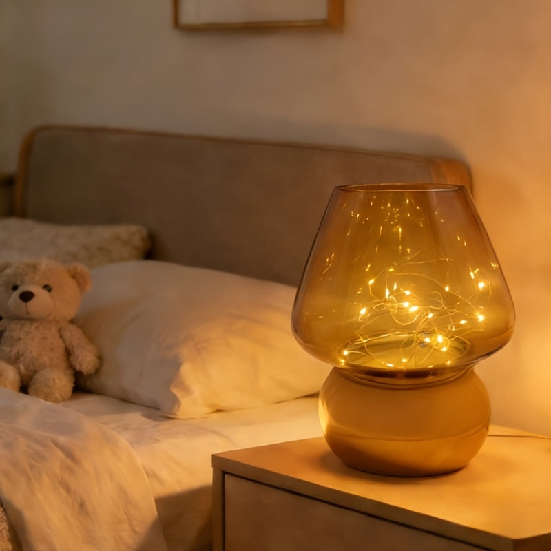 Glass Mushroom Lamp Battery-Powered - Cute Mushroom-Shaped Bulb with Glass &, Portable Table\u002FCendant for Rooms,, Rustic Decor (No Plug, Battery-Supported)